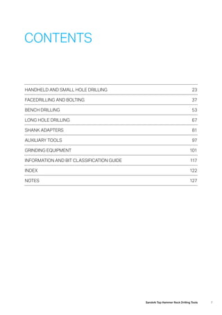 7Sandvik Top Hammer Rock Drilling Tools
CONTENTS
HANDHELD AND SMALL HOLE DRILLING 23
FACEDRILLING AND BOLTING 37
BENCH DRILLING 53
LONG HOLE DRILLING 67
SHANK ADAPTERS 81
AUXILIARY TOOLS 97
GRINDING EQUIPMENT 101
INFORMATION AND BIT CLASSIFICATION GUIDE 117
INDEX	 122
NOTES127
 