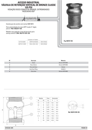 ACESSO INDUSTRIAL
VÁLVULA DE RETENÇÃO VERTICAL DE BRONZE CLASSE
125 PSI
VEDAÇÃO DISCO CONICO DE BRONZE. EXTREMIDADES
ROSCADAS BSP
Construçao de acordo com norma NBR 9973
Para extremidades de rosca NPT mudar 4° digito
para 2= Ref. 8532V-125
Modelo com vedação o’ring de borracha para
serviço até 82°C Ref. 8531V-VB-125
Ref. 8531V-VB-125
Materias
Bronze ASTM B62
Bronze ASTM B62
Bronze
BUNA N
Bronze ASTM B62
Descrição
Corpo
Disco Cônico
Porca de Disco
Anel Tipo O’Ring
Porta Anel
Nº
1
2
3
4
5
Condições de Trabalho
125 PSI (9 BAR) VAPOR SATURADO SEM CHOQUE
200 PSI (14 BAR) ÁGUA, ÓLEO, GÁS SEM CHOQUE
Peso Dimensões
Kg BIN
Medida
DN A
1/2
3/4
1
1 1/4
1 1/2
2
2 1/2
3
4
15
20
25
32
40
50
65
80
100
0,140
0,227
0,329
0,445
0,623
1,217
1,638
2,641
4,602
65,5
72,5
81,5
99,0
107,0
121,0
145,0
164,0
202,0
30,0
36,8
44,5
55,0
64,0
81,0
101,0
120,0
156,0
Fig. 8531V-125
A
B
CATÁLOGO 2001 PÁGINA 107
 