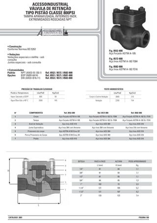ACESSOINDUSTRIAL
VÁLVULA DE RETENÇÃO
TIPO PISTÃO CLASSE 800PSI
TAMPA APARAFUSADA, INTERNOS INOX.
EXTREMIDADES ROSCADAS NPT
• Construção
Conforme Normas BS 5352
• Vedações
Vedações especiais e stellite - sob
consulta
Juntas especiais - sob consulta
Lbs/Pol2 Kg/Cm2
800 56Vapor Saturado a 825ºF
2000 140Água-Óleo-Gás a 40º C
Fluido e Temperatura
PRESSÃO DE TRABALHO S/CHOQUE
Lbs/Pol2 Kg/Cm2
3000 210Corpo e Contra-Vedação
2200 154Vedação
TESTE HIDROSTÁTICO
Fig. 8552-800
Aço Forjado ASTM A-105
Fig. 8572-800
Aço Inox ASTM A-182 F304
Fig. 8582-800
Aço Inox ASTM A-182 F316
BITOLA
1/4”
3/8”
1/2”
3/4”
1”
1 1/4”
1 1/2”
2”
FACE A FACE
L (mm)
81
81
81
84
102
121
121
133
ALTURA
H (mm)
64
64
65
65
72
105
107
122
PESO APROXIMADO
Kg
1,1
1,1
1,1
1,3
2,3
5,2
5,2
7,4
1
2
3
4
5
6
7
Nº Ref. 8552-800
Aço Forjado ASTM-A-105
Aço Forjado ASTM-A-105
Aço Inox AISI 410
Aço Inox 304 com Amianto
Aço ASTM-A193 Grau B7
Aço ASTM-A194 Grau 2H
Aço Inox AISI 410
COMPONENTES
Corpo
Tampa
Anel de Vedação
Junta Espirotálica
Prisioneiro do corpo
Porca Prisioneiro do Corpo
Pistão
Ref. 8572-800
Aço Forjado ASTM-A-182 Gr. F304
Aço Forjado ASTM-A-182 Gr. F304
Aço Inox AISI 304
Aço Inox 304 com Amianto
Aço Inox AISI 304
Aço Inox AISI 304
Aço Inox AISI 304
Ref. 8582-800
Aço Forjado ASTM-A-182 Gr. F316
Aço Forjado ASTM-A-182 Gr. F316
Aço Inox AISI 316
Aço Inox 316 com Amianto
Aço Inox AISI 316
Aço Inox AISI 316
Aço Inox AISI 316
• Extremidades
Padrão NPT (ANSI-B.120.1) Ref. 8552 / 8572 / 8582-800
Opções BSP (NBR-6414) Ref. 8551 / 8571 / 8581-800
SW (ANSI-B16.11) Ref. 8553 / 8573 / 8583-800
CATÁLOGO 2001 PÁGINA 109
 