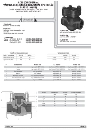 ACESSOINDUSTRIAL
VÁLVULA DE RETENÇÃO HORIZONTAL TIPO PISTÃO
CLASSE 1500 PSI
TAMPA APARAFUSADA, VEDAÇÃO CÔNICA DE INOX.
EXTREMIDADES ROSCADAS NPT
• Construção
Conforme Normas BS 5352
• Vedações
Vedações especiais e stellite - sob
consulta
Juntas especiais - sob consulta
Lbs/Pol2 Kg/Cm2
1500 105Vapor Saturado a 825ºF
3600 252Água-Óleo-Gás a 40º C
Fluido e Temperatura
PRESSÃO DE TRABALHO S/CHOQUE
Lbs/Pol2 Kg/Cm2
5600 392Corpo
3700 259Vedação
TESTE HIDROSTÁTICO
Fig. 8552-1500
Aço Carbono Forjado ASTM A-105
Fig. 8572-1500
Aço Inox ASTM A-182 F304
Fig. 8582-1500
Aço Inox ASTM A-182 F316
BITOLA
1/2’
3/4”
1”
1 1/4”
1 1/2”
FACE A FACE
L (mm)
84
102
121
133
133
ALTURA
H (mm)
65
72
107
122
122
PESO APROXIMADO
Kg
1,3
2,3
5,2
7,4
7,4
1
2
3
4
5
6
7
Nº Ref. 8552-1500
Aço Forjado ASTM-A-105
Aço Forjado ASTM-A-105
Aço Inox AISI 410
Aço Carbono
Aço ASTM A-193 Grau B7
Aço ASTM A-194 Grau 2H
Aço Inox AISI 410
COMPONENTES
Corpo
Tampa
Anel de Vedação
Anel RTJ
Prisioneiro do Corpo
Porca Prisioneiro do Corpo
Pistão
Ref. 8572-1500
Aço Forjado ASTM-A-182 GR.F304
Aço Forjado ASTM-A-182 GR.F304
Aço Inox AISI 304
Aço Inox AISI 304
Aço Inox AISI 304
Aço Inox AISI 304
Aço Inox AISI 304
Ref. 8582-1500
Aço Forjado ASTM-A-182 GR.F316
Aço Forjado ASTM-A-182 GR.F316
Aço Inox AISI-316
Aço Inox AISI 316
Aço Inox AISI 316
Aço Inox AISI 316
Aço Inox AISI 316
• Extremidades
Padrão -NPT(ANSI- B1.20.1) Ref. 8552 / 8572 / 8582-1500
Outras -BSP(NBR 6414) Ref. 8551 / 8571 / 8581-1500
-SW (ANSI-B16.11) Ref. 8553 / 8573 / 8583-1500
CATÁLOGO 2001 PÁGINA 110
 