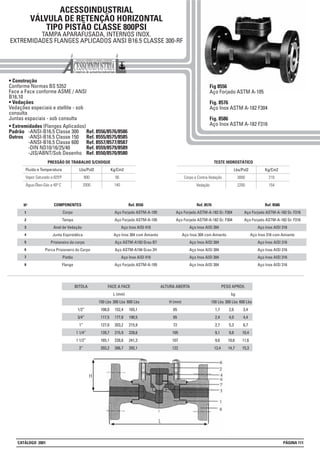 1
2
3
4
5
6
7
Nº Ref. 8556
Aço Forjado ASTM-A-105
Aço Forjado ASTM-A-105
Aço Inox AISI 410
Aço Inox 304 com Amianto
Aço ASTM-A193 Grau B7
Aço ASTM-A194 Grau 2H
Aço Inox AISI 410
Aço Forjado ASTM-A-105
COMPONENTES
Corpo
Tampa
Anel de Vedação
Junta Espirotálica
Prisioneiro do corpo
Porca Prisioneiro do Corpo
Pistão
Flange
Ref. 8576
Aço Forjado ASTM-A-182 Gr. F304
Aço Forjado ASTM-A-182 Gr. F304
Aço Inox AISI 304
Aço Inox 304 com Amianto
Aço Inox AISI 304
Aço Inox AISI 304
Aço Inox AISI 304
Aço Inox AISI 304
Ref. 8586
Aço Forjado ASTM-A-182 Gr. F316
Aço Forjado ASTM-A-182 Gr. F316
Aço Inox AISI 316
Aço Inox 316 com Amianto
Aço Inox AISI 316
Aço Inox AISI 316
Aço Inox AISI 316
Aço Inox AISI 316
ACESSOINDUSTRIAL
VÁLVULA DE RETENÇÃO HORIZONTAL
TIPO PISTÃO CLASSE 800PSI
TAMPA APARAFUSADA, INTERNOS INOX.
EXTREMIDADES FLANGES APLICADOS ANSI B16.5 CLASSE 300-RF
• Construção
Conforme Normas BS 5352
Face a Face conforme ASME / ANSI
B16.10
• Vedações
Vedações especiais e stellite - sob
consulta
Juntas espaciais - sob consulta
Lbs/Pol2 Kg/Cm2
800 56Vapor Saturado a 825ºF
2000 140Água-Óleo-Gás a 40º C
Fluido e Temperatura
PRESSÃO DE TRABALHO S/CHOQUE
Lbs/Pol2 Kg/Cm2
3000 210Corpo e Contra-Vedação
2200 154Vedação
TESTE HIDROSTÁTICO
Fig 8556
Aço Forjado ASTM A-105
Fig. 8576
Aço Inox ASTM A-182 F304
Fig. 8586
Aço Inox ASTM A-182 F316
BITOLA
1/2”
3/4”
1”
1 1/4”
1 1/2”
2”
FACE A FACE
L (mm)
300 Lbs
152,4
177,8
203,2
215,9
228,6
266,7
ALTURA ABERTA
H (mm)
65
65
72
105
107
122
PESO APROX.
kg
150 Lbs
108,0
117,5
127,0
139,7
165,1
203,2
600 Lbs
165,1
190,5
215,9
228,6
241,3
292,1
300 Lbs
2,6
4,0
5,3
9,8
10,6
14,7
150 Lbs
1,7
2,4
2,7
9,1
9,6
13,4
600 Lbs
3,4
4,4
6,7
10,4
11,6
15,3
8
• Extremidades (Flanges Aplicados)
Padrão -ANSI-B16.5 Classe 300 Ref. 8556/8576/8586
Outros -ANSI-B16.5 Classe 150 Ref. 8555/8575/8585
-ANSI-B16.5 Classe 600 Ref. 8557/8577/8587
-DIN ND10/16/25/40 Ref. 8559/8579/8589
-JIS/ABNT/Sob Desenho Ref. 8550/8570/8580
CATÁLOGO 2001 PÁGINA 111
 