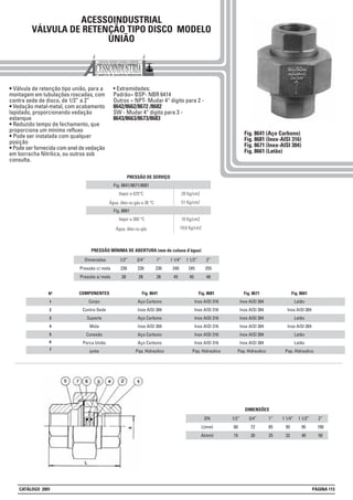 ACESSOINDUSTRIAL
VÁLVULA DE RETENÇÃO TIPO DISCO MODELO
UNIÃO
• Válvula de retenção tipo união, para a
montagem em tubulações roscadas, com
contra sede de disco, de 1/2” a 2”
• Vedação metal-metal, com acabamento
lapidado, proporcionando vedação
estanque
• Reduzido tempo de fechamento, que
proporciona um mínimo refluxo
• Pode ser instalada com qualquer
posição
• Pode ser fornecida com anel de vedação
em borracha Nitrilica, ou outros sob
consulta.
• Extremidades:
Padrão= BSP- NBR 6414
Outros = NPT- Mudar 4° digito para 2 -
8642/8662/8672 /8682
SW - Mudar 4° digito para 3 -
8643/8663/8673/8683
Fig. 8641 (Aço Carbono)
Fig. 8681 (Inox-AISI 316)
Fig. 8671 (Inox-AISI 304)
Fig. 8661 (Latão)
1
2
3
4
5
Nº COMPONENTES
Corpo
Contra-Sede
Suporte
Mola
Conexão
Porca União
junta
Fig. 8641
Aço Carbono
Inox AISI 304
Aço Carbono
Inox AISI 304
Aço Carbono
Aço Carbono
Pap. Hidraulico
Fig. 8681
Inox AISI 316
Inox AISI 316
Inox AISI 316
Inox AISI 316
Inox AISI 316
Inox AISI 316
Pap. Hidraulico
Fig. 8671
Inox AISI 304
Inox AISI 304
Inox AISI 304
Inox AISI 304
Inox AISI 304
Inox AISI 304
Pap. Hidraulico
Fig. 8661
Latão
Inox AISI 304
Latão
Inox AISI 304
Latão
Latão
Pap. Hidraulico
6
7
28 Kg/cm2Vapor a 425°C
Fig. 8641/8671/8681
PRESSÃO DE SERVIÇO
Vapor a 300 °C
Fig. 8661
51 Kg/cm2Água, óleo ou gás a 38 °C
Água, óleo ou gás
10 Kg/cm2
19,6 Kg/cm2
Dimensões
Pressão c/ mola
Pressão s/ mola
1/2”
230
28
3/4”
230
28
1”
230
28
1 1/4”
240
45
1 1/2”
245
45
2”
255
48
PRESSÃO MÍNIMA DE ABERTURA (mm de coluna d’água)
DN
L(mm)
A(mm)
1/2”
60
15
3/4”
72
20
1”
85
25
1 1/4”
95
32
1 1/2”
95
40
2”
100
50
DIMENSÕES
CATÁLOGO 2001 PÁGINA 113
 