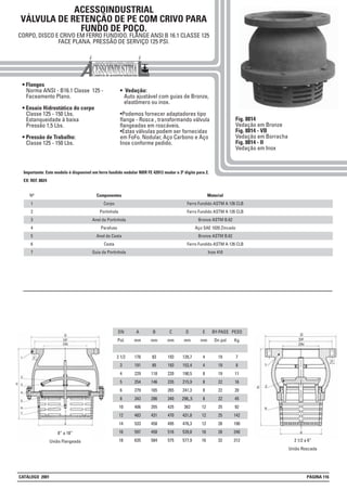 ACESSOINDUSTRIAL
VÁLVULA DE RETENÇÃO DE PE COM CRIVO PARA
FUNDO DE POÇO.
CORPO, DISCO E CRIVO EM FERRO FUNDIDO. FLANGE ANSI B 16.1 CLASSE 125
FACE PLANA. PRESSÃO DE SERVIÇO 125 PSI.
• Flanges
Norma ANSI - B16.1 Classe 125 -
Faceamento Plano.
• Ensaio Hidrostático do corpo
Classe 125 - 150 Lbs.
Estanqueidade à baixa
Pressão 1,5 Lbs.
• Pressão de Trabalho:
Classe 125 - 150 Lbs.
• Vedação:
Auto ajustável com guias de Bronze,
elastômero ou inox.
•Podemos fornecer adaptadores tipo
flange - Rosca , transformando válvula
flangeadas em roscáveis.
•Estas válvulas podem ser fornecidas
em FoFo. Nodular, Aço Carbono e Aço
Inox conforme pedido.
Fig. 8814
Vedação em Bronze
Fig. 8814 - VB
Vedação em Borracha
Fig. 8814 - II
Vedação em Inox
Material
Ferro Fundido ASTM A 126 CLB
Ferro Fundido ASTM A 126 CLB
Bronze ASTM B.62
Aço SAE 1020 Zincado
Bronze ASTM B.62
Ferro Fundido ASTM A 126 CLB
Inox 410
Componentes
Corpo
Portinhola
Anel da Portinhola
Parafuso
Anel da Cesta
Cesta
Guia da Portinhola
DN
Pol.
2 1/2
3
4
5
6
8
10
12
14
16
18
A
mm
178
191
229
254
279
343
406
483
533
597
635
C
mm
193
193
220
235
265
340
425
470
495
516
575
D
mm
139,7
152,4
190,5
215,9
241,3
298,,5
362
431,8
476,3
539,8
577,9
BY-PASS
Dn pol
19
19
19
22
22
22
25
25
28
28
32
PESO
Kg
7
8
11
16
20
45
92
142
190
240
312
B
mm
83
85
118
146
165
286
355
431
458
458
584
E
mm
4
4
8
8
8
8
12
12
12
16
16
Nº
1
2
3
4
5
6
7
8” a 18”
União Flangeada 2 1/2 a 6”
União Roscada
Importante: Este modelo é disponível em ferro fundido nodular NBR FE 42012 mudar o 3º digito para 2.
EX: REF. 8824
CATÁLOGO 2001 PÁGINA 116
 