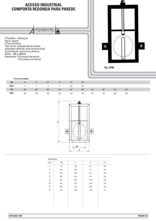 ACESSO INDUSTRIAL
COMPORTA REDONDA PARA PAREDE
• Trabalho - Indicação
Água, esgoto
• Característica
Tipo mural, vedação-Quatro lados,
passagem redonda, fluxo bi-direcional,
acionamento: manual ou elétrico,
bitola - 150 a 700mm
Importante: Processos abrasivos
Processos corrosivos
Fig. CP96
F/F
100
100
100
100
100
100
100
170
ADN
Dimensões
SIZE
6"
8"
10"
12"
16"
20"
24"
28"
150
200
250
300
400
500
600
700
288
338
386
438
538
638
738
940
B
615
715
815
915
1145
1345
1545
1790
DN
PRES.
DN
PRES.
Pressão de trabalho
18”
0,7
20”
0,7
24”
0,5
28”
0,5
6”
1
30”
0,5
8”
1
36”
0,5
10”
1
36”
0,5
12”
1
42”
0,5
14”
0,7
42”
0,5
16”
0,7
48”
0,5
CATÁLOGO 2001 PÁGINA 122
 