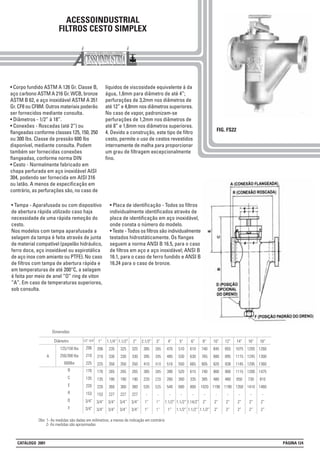 ACESSOINDUSTRIAL
FILTROS CESTO SIMPLEX
• Corpo fundido ASTM A 126 Gr. Classe B,
aço carbono ASTM A 216 Gr. WCB, bronze
ASTM B 62, e aço inoxidável ASTM A 351
Gr. CF8 ou CF8M. Outros materiais poderão
ser fornecidos mediante consulta.
• Diâmetros - 1/2” à 18”.
• Conexões - Roscadas (até 2”) ou
flangeadas conforme classes 125, 150, 250
ou 300 lbs. Classe de pressão 600 lbs
disponível, mediante consulta. Podem
também ser fornecidas conexões
flangeadas, conforme norma DIN
• Cesto - Normalmente fabricado em
chapa perfurada em aço inoxidável AISI
304, podendo ser fornecida em AISI 316
ou latão. A menos de especificação em
contrário, as perfurações são, no caso de
líquidos de viscosidade equivalente à da
água, 1,6mm para diâmetro de até 4”;
perfurações de 3,2mm nos diâmetros de
até 12” e 4,8mm nos diâmetros superiores.
No caso de vapor, padronizam-se
perfurações de 1,2mm nos diâmetros de
até 8” e 1,6mm nos diâmetros superiores.
4. Devido a construção, este tipo de filtro
cesto, permite o uso de cestos revestidos
internamente de malha para proporcionar
um grau de filtragem excepcionalmente
fino.
FIG. FS22
• Tampa - Aparafusada ou com dispositivo
de abertura rápida utilizado caso haja
necessidade de uma rápida remoção do
cesto.
Nos modelos com tampa aparafusada a
selagem da tampa é feita através de junta
de material compatível (papelão hidráulico,
ferro doce, aço inoxidável ou espirotálica
de aço inox com amianto ou PTFE). No caso
de filtros com tampa de abertura rápida e
em temperaturas de até 200°C, a selagem
é feita por meio de anel “O” ring de viton
“A”. Em caso de temperaturas superiores,
sob consulta.
• Placa de identificação - Todos os filtros
individualmente identificados através de
placa de identificação em aço inoxidável,
onde consta o número do modelo.
• Teste - Todos os filtros são individualmente
testados hidrostáticamente. Os flanges
seguem a norma ANSI B 16.5, para o caso
de filtros em aço e aço inoxidável; ANSI B
16.1, para o caso de ferro fundido e ANSI B
16.24 para o caso de bronze.
B
C
E
R
D
F
A
1/2”-3/4”
206
210
225
170
135
220
153
3/4”
3/4”
1”
206
210
225
170
135
220
153
3/4”
3/4”
125/150 lbs
250/300 lbs
600lbs
Diâmetro 1.1/4”
235
330
350
265
190
360
227
3/4”
3/4”
1.1/2”
325
330
350
265
190
360
227
3/4”
3/4”
2”
325
330
350
265
190
360
227
3/4”
3/4”
2.1/2”
385
395
410
385
220
535
-
1”
1”
3”
385
395
410
385
220
535
-
1”
1”
4”
470
485
510
390
260
540
-
1.1/2”
1”
5”
510
530
550
520
300
680
-
1.1/2”
1.1/2”
6”
610
630
665
615
335
800
-
1.14/2”
1.1/2”
8”
740
765
805
740
385
1020
-
2”
1.1/2”
10”
845
880
820
900
480
1190
-
2”
2”
12”
855
895
938
900
480
1190
-
2”
2”
14”
1075
1115
1145
1115
650
1350
-
2”
2”
16”
1205
1245
1295
1200
730
1410
-
2”
2”
18”
1260
1300
1360
1475
810
1460
-
2”
2”
Dimensões
Obs: 1- As medidas são dadas em milímetros, a menos de indicação em contrário
2- As medidas são aproximadas
CATÁLOGO 2001 PÁGINA 124
 