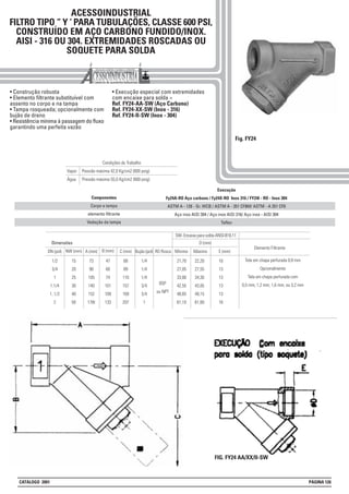 • Construção robusta
• Elemento filtrante substituível com
assento no corpo e na tampa
• Tampa rosqueada; opcionalmente com
bujão de dreno
• Resistência mínima à passagem do fluxo
garantindo uma perfeita vazão
• Execução especial com extremidades
com encaixe para solda =
Ref. FY24-AA-SW (Aço Carbono)
Ref. FY24-XX-SW (Inox - 316)
Ref. FY24-II-SW (Inox - 304)
47
60
74
101
109
133
21,70
27,05
33,80
42,55
48,65
61,10
22,20
27,55
34,30
43,05
49,15
61,60
68
89
110
157
169
207
1/2
3/4
1
1.1/4
1. 1/2
2
15
20
25
30
40
50
73
90
105
140
152
178t
1/4
1/4
1/4
3/4
3/4
1
BSP
ou NPT
10
13
13
13
13
16
Mínimo MáximoC (mm)NW (mm)
Dimensões
A (mm)DN (pol) B (mm) Bujão (pol) RO Rosca E (mm)
D (mm)
Elemento Filtrante
Tela em chapa perfurada 0,8 mm
Opcionalmente
Tela em chapa perfurada com
0,5 mm; 1,2 mm; 1,6 mm; ou 3,2 mm
ACESSOINDUSTRIAL
FILTRO TIPO “ Y ‘ PARA TUBULAÇÕES, CLASSE 600 PSI,
CONSTRUÍDO EM AÇO CARBONO FUNDIDO/INOX.
AISI - 316 OU 304. EXTREMIDADES ROSCADAS OU
SOQUETE PARA SOLDA
Fig. FY24
Execução
Fy24A-RO Aço carbono / Fy24X-RO Inox 316 / FY24I - RO - Inox 304
ASTM A - 126 - Gr. WCB / ASTM A - 351 CF8M/ ASTM - A 351 CF8
Aço inox AISI 304 / Aço inox AISI 316/ Aço inox - AISI 304
Teflon
Componentes
Corpo e tampa
elemento filtrante
Vedação da tampa
Condições de Trabalho
Vapor Pressão máxima 42,0 Kg/cm2 (600 psig)
Água Pressão máxima 55,0 Kg/cm2 (800 psig)
SW- Encaixe para solda ANSI-B16.11
FIG. FY24 AA/XX/II-SW
CATÁLOGO 2001 PÁGINA 126
 