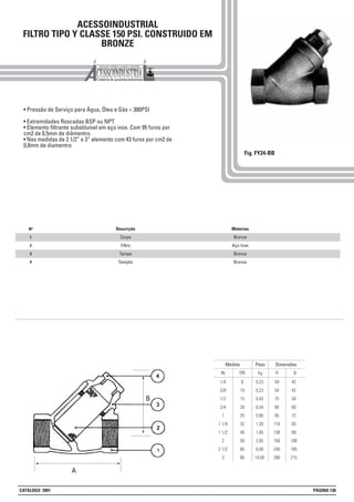 ACESSOINDUSTRIAL
FILTRO TIPO Y CLASSE 150 PSI. CONSTRUIDO EM
BRONZE
• Pressão de Serviço para Água, Óleo e Gás = 300PSI
• Extremidades Roscadas BSP ou NPT
• Elemento filtrante substituível em aço inox. Com 95 furos por
cm2 de 0,5mm de diâmentro.
• Nas medidas de 2 1/2” e 3” elemento com 43 furos por cm2 de
0,8mm de diamentro
Fig. FY24-BB
1
2
3
4
Nº Materias
Bronze
Aço Inox
Bronze
Bronze
Descrição
Corpo
Filtro
Tampa
Tampão
A
B
Peso Dimensões
Kg BIN
Medida
DN A
1/4
3/8
1/2
3/4
1
1 1/4
1 1/2
2
2 1/2
3
6
10
15
20
25
32
40
50
65
80
0,23
0,23
0,43
0,54
0,90
1,30
1,85
2,65
8,00
14,00
54
54
75
80
95
110
130
150
240
280
42
42
54
60
72
83
89
108
185
215
CATÁLOGO 2001 PÁGINA 130
 