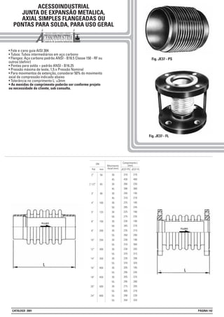 ACESSOINDUSTRIAL
JUNTA DE EXPANSÃO METALICA,
AXIAL SIMPLES FLANGEADAS OU
PONTAS PARA SOLDA, PARA USO GERAL
• Fole e cano guia AISI 304
• Tubos: Tubos intermediários em aço carbono
• Flanges: Aço carbono padrão ANSI - B16.5 Classe 150 - RF ou
outros (definir)
• Pontas para solda = padrão ANSI - B16.25
• Pressão máxima de teste, 1,5 x Pressão Nominal
• Para movimentos de extenção, considerar 50% do movimento
axial de compressão indicado abaixo
• Tolerância no comprimento L: ±3mm
• As menidas de comprimento poderão ser conforme projeto
ou necessidade do cliente, sob consulta.
Fig. JE37 - PS
mm
2”
2 1/2”
3”
4”
5”
6”
8”
10”
12”
14”
16”
18”
20”
24”
50
65
80
100
125
150
200
250
300
350
400
450
500
600
30
45
30
45
30
45
30
50
30
50
30
50
30
55
30
55
30
55
30
55
30
55
30
55
30
55
55
55
310
430
260
390
240
310
225
285
225
275
230
345
235
350
230
310
230
370
230
370
205
295
205
295
215
305
290
350
Movimento
Axial (mm)Pol.
DN Comprimento L
(mm)
270
400
230
360
195
270
185
245
180
235
190
270
210
290
190
300
205
315
206
320
185
245
225
280
205
270
230
320
JE37-PS JE37-FL
Fig. JE37 - FL
CATÁLOGO 2001 PÁGINA 142
 