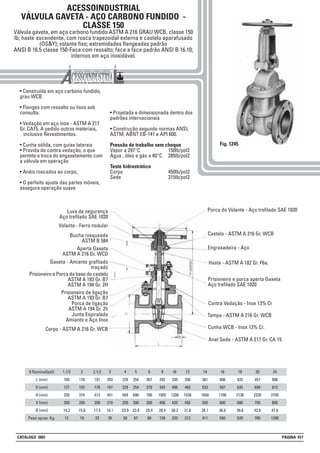 ACESSOINDUSTRIAL
VÁLVULA GAVETA - AÇO CARBONO FUNDIDO -
CLASSE 150
Válvula gaveta, em aço carbono fundido ASTM A 216 GRAU WCB, classe 150
lb; haste ascendente, com rosca trapezoidal externa e castelo aparafusado
(OS&Y); volante fixo; extremidades flangeadas padrão
ANSI B 16.5 classe 150-Face com ressalto; face a face padrão ANSI B 16.10;
internos em aço inoxidável.
• Construída em aço carbono fundido,
grau WCB
• Flanges com ressalto ou lisos sob
consulta.
• Vedação em aço inox - ASTM A 217
Gr. CA15. A pedido outros materiais,
inclusive Revestimentos.
• Cunha sólida, com guias laterais
• Provida de contra vedação, o que
permite a troca do engaxetamento com
a válvula em operação
• Anéis roscados ao corpo,
• O perfeito ajuste das partes móveis,
assegura operação suave
• Projetada e dimensionada dentro dos
padrões internacionais
• Construção segundo normas ANSI,
ASTM, ABNT EB-141 e API 600.
Pressão de trabalho sem choque
Vapor a 297°C 150lb/pol2
Água , óleo e gás a 40°C 285lb/pol2
Teste hidrostrático
Corpo 450lb/pol2
Sede 315lb/pol2
Fig. 1245
1.1/2
165
127
330
200
14.2
12
2
178
152
374
200
15.8
19
2.1/2
191
178
413
200
17.5
23
3
203
191
451
210
19.1
30
8
292
343
1005
400
28.4
139
5
254
254
690
300
23.9
67
0 Nominal(pol)
L (mm)
D (mm)
H (mm)
V (mm)
B (mm)
Peso aprox. Kg.
4
229
229
569
250
23.9
50
6
267
279
780
300
25.4
89
t0
330
406
1208
420
30.2
220
12
356
483
1438
450
31.8
312
24
508
813
2700
800
47.8
1200
14
381
533
1650
550
35.1
411
16
406
597
1700
600
36.6
540
18
432
635
2130
680
39.6
620
20
457
699
2320
750
42.9
785
Porca do Volante - Aço trefilado SAE 1020
Castelo - ASTM A 216 Gr. WCB
Engraxadeira - Aço
Haste - ASTM A 182 Gr. F6a.
Prisioneiro e porca aperta Gaxeta
Aço trefilado SAE 1020
Contra Vedação - Inox 13% Cr
Tampa - ASTM A 216 Gr. WCB
Cunha WCB - Inox 13% Cr.
Anel Sede - ASTM A 217 Gr. CA 15
Luva de segurança
Aço trefilado SAE 1020
Volante - Ferro nodular
Bucha rosqueada
ASTM B 584
Aperta Gaxeta
ASTM A 216 Gr. WCD
Gaxeta - Amianto grafitado
traçado
Prisioneiro e Porca da base do castelo
ASTM A 193 Gr. B7
ASTM A 194 Gr. 2H
Prisioneiro de ligação
ASTM A 193 Gr. B7
Porca de ligação
ASTM A 194 Gr. 2h
Junta Espiralada
Amianto e Aço Inox
Corpo - ASTM A 216 Gr. WCB
CATÁLOGO 2001 PÁGINA 017
 