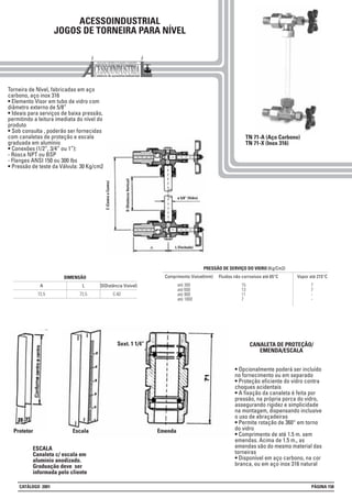 ACESSOINDUSTRIAL
JOGOS DE TORNEIRA PARA NÍVEL
Torneira de Nível, fabricadas em aço
carbono, aço inox 316
• Elemento Visor em tubo de vidro com
diâmetro externo de 5/8”
• Ideais para serviços de baixa pressão,
permitindo a leitura imediata do nível do
produto
• Sob consulta , poderão ser fornecidas
com canaletas de proteção e escala
graduada em alumínio
• Conexões (1/2”, 3/4” ou 1”):
- Rosca NPT ou BSP
- Flanges ANSI 150 ou 300 lbs
• Pressão de teste da Válvula: 30 Kg/cm2
TN 71-A (Aço Carbono)
TN 71-X (Inox 316)
L D(Distância Visível)
72,5 C-8272,5
A
DIMENSÃO Vapor até 215°C
7
7
-
-
até 300
até 600
até 900
até 1800
Comprimento Visível(mm)
PRESSÃO DE SERVIÇO DO VIDRO (Kg/Cm2)
Fluidos não corrosivos até 65°C
15
13
11
7
CANALETA DE PROTEÇÃO/
EMENDA/ESCALA
• Opcionalmente poderá ser incluído
no fornecimento ou em separado
• Proteção eficiente do vidro contra
choques acidentais
• A fixação da canaleta é feita por
pressão, na própria porca do vidro,
assegurando rigidez e simplicidade
na montagem, dispensando inclusive
o uso de abraçadeiras
• Permite rotação de 360° em torno
do vidro
• Comprimento de até 1.5 m. sem
emendas. Acima de 1.5 m., as
emendas são do mesmo material das
torneiras
• Disponível em aço carbono, na cor
branca, ou em aço inox 316 natural
ESCALA
Canaleta c/ escala em
alumínio anodizado.
Graduação deve ser
informada pelo cliente
Protetor Escala Emenda
D(DistânciaVertical)
ø 5/8” (Vidro)
L (Fechada)
C(CentroaCentro)
Sext. 1 1/4”
CATÁLOGO 2001 PÁGINA 158
 