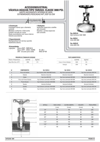 ACESSOINDUSTRIAL
VÁLVULA AGULHA TIPO TARUGO, CLASSE 3000 PSI.
HASTE ASCENDENTE INTERNA DE INOX.
EXTREMIDADES ROSCADAS NPT, BSP OU SW
• Construção
Passagem menor que o diametro
nominal.
Medidas conforme o fabricante
Castelo roscado ao corpo
Haste ascendente com rosca interna
Volante ascendente
• Engaxetamento
Reengaxetável em serviço quando
totalmente aberta
• Vedações
Vedações especiais e stellite
sob consulta
Gaxetas / Juntas especiais
sob consulta
Lbs/Pol2 Kg/Cm2
3000 210Água-Óleo-Gás a 40º C
Fluido e Temperatura
PRESSÃO DE TRABALHO S/CHOQUE
Lbs/Pol2 Kg/Cm2
4500 316Corpo e Contra-Vedação
3500 246Vedação
TESTE HIDROSTÁTICO
Fig. VA78-A
Aço Carbono SAE 1020
Fig. VA78-I
Inox AISI 304
Fig. VA78-X
Inox AISI 316
BITOLA
1/4”
3/8”
1/2”
3/4”
1”
11/4”
11/2”
2”
FACE A FACE
L (mm)
50
56
64
82
92
109
127
130
ALTURA ABERTA
H (mm)
102
114
118
138
142
153
183
190
VOLANTE
A (mm)
64
64
68
68
90
90
90
120
PESO APROX.
kg
0,45
0,45
0,50
0,60
1,40
2,10
2,50
5,00
•Extremidades
Ligações: Rosca BSP - NBR 6414
Rosca NPT - ANSI / ASME B 1.20.1
SW - encaixe para solda MSS SP-84
1
2
3
4
5
6
7
8
Nº Ref. VA78-A
Aço Carbono SAE 1010/1020 Padrão
Alumínio Industrial
Aço Inox AISI 410
Aço Carbono Laminado 1010/1020
Aço Carbono Laminado 1010/1020
Amianto Grafitado
Aço Carbono Laminado 1010/1020
Aço Carbono Laminado 1010/1020
COMPONENTES
Porca do Volante
Volante
Haste
Porca do Preme-Gaxeta
Preme Gaxeta
Gaxeta
Castelo
Corpo
Ref. VA78-I
Aço Inox Laminado AISI 304
Alumínio Industrial
Aço Inox Laminado AISI 304
Aço Inox Laminado AISI 304
Aço Inox Laminado AISI 304
Amianto Grafitado
Aço Inox Laminado AISI 304
Aço Inox Laminado AISI 304
Ref. VA78-X
Aço Inox Laminado AISI 316
Alumínio Industrial
Aço Inox Laminado AISI 316
Aço Inox Laminado AISI 316
Aço Inox Laminado AISI 316
Amianto Grafitado
Aço Inox Laminado AISI 316
Aço Inox Laminado AISI 316
CATÁLOGO 2001 PÁGINA 161
 