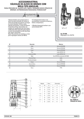 ACESSOINDUSTRIAL
VÁLVULAS DE ALÍVIO DE BRONZE COM
MOLA TIPO ANGULAR.
PARA PRESSÃO DE AJUSTE ATÉ 150PSI. VEDAÇÃO DISCO CÔNICO DE
BRONZE. EXTREMIDADES ROSCADAS, FEMEAS BSP
• Desenvolvidas para proporcionar o
alívio da sobre-pressão em linhas ou
vasos de pressão que operam com água
ou outros líquidos. Embora estas
válvulas não tenham a ação de abertura
Instantânea (Pop), Elas podem ser
usadas em instalações que não sejam
codificadas (Sem especificações legais)
e onde necessidades de alta descarga
não sejam requeridas.
Nota: Recomenda-se substituir a mola
para regulagens abaixo de 40PSI.
• É indispensável indicar nas
encomendas a pressão de abertura,
fluído e temperatura.
• Modelo disponível tambem com
extremidades NPT.
Fig. VS 83B
Regulagem 10 a 150 PSI
Materias
Bronze ASTM B62
Bronze ASTM B62
Bronze ASTM B62
Latão ASTM B 124
Latão ASTM B 124
Aço ASTM Bicromatizado AISI106O
Latão
Latão
Bronze ASTM B62
Bronze ASTM B62
Bronze ASTM B62
PTFE
Descrição
Sede
Disco
Corpo
Pino
Assento da Mola
Mola
Porca de Trava
Parafuso de Ajuste
Tampa
Guia do Disco
Porta Disco
Disco
Nº
1
2
3
4
5
6
7
8
9
10
11
12
1/2” a 2” 2 1/2” a 3”
Peso Dimensões
Kg BIN
Medida
DN C
1/2
3/4
1
1 1/4
1 1/2
2
2 1/2
3
15
20
25
32
40
50
65
80
0,540
0,730
1,050
1,600
2,200
3,400
7,100
9,200
30
36
40
54
60
70
78
92
47
57
71
79
85
102
78
92
73
76
82
104
109
133
195
205
H
H
C
B Ref. VS83B.TT
(Vedação de Teflon)
11
10
12
CATÁLOGO 2001 PÁGINA 172
 