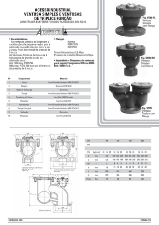ACESSOINDUSTRIAL
VENTOSA SIMPLES E VENTOSAS
DE TRIPLICE FUNÇÃO
CONSTRUIDA EM FERRO FUNDIDO FLANGEADA DIN ND10
• Características
As ventosas simples, se destinam a
catalizações de pequena vazão, pois a
admissão ou vazão máxima de ar é de
2 L/seg. P/um diferencial de pressão de
5 m.c.a.
As Ventosas Tríplices destinan-se à
tubulações de grande vazão ou
admissão de ar:
Até 150L/seg. P/DN 50.
500L/seg. P/DN 100 com um diferencial
de pressão de 5 m.c.a.
• Flanges
Norma
NBR 7675
ISO 2531
Teste Hidrostáticos 2,0 Mpa.
Pressão de trabalho Máxima1,6 Mpa.
• Importânte = Dispomos de ventosas
para esgoto Flangeadas DIN ou ANSI.
Ref.: VE88-FL-E.
DN
mm
PN
D
C
NF
d
L
H
Peso
Kgf/cm2
mm
mm
--
mm
mm
mm
Kg
50
165
125
4
19
350
225
19
10 16 25
100
455
350
54
10 16 25
220 220 235
180 180 190
8 8 8
19 19 23
150
568
489
80
10 16 25
285 285 300
240 240 250
8 8 8
23 23 28
200
700
596
135
10 16 25
340 340 360
295 295 310
8 12 12
23 23 28
Material
Ferro Fundido Nodular NBR FE 42012
Bronze ASTM B.62
Borracha
Ferro Fundido Nodular NBR FE 42012
Aço SAE 1020 Zincado
Aço Inox AISI 316
Ferro Fundido Nodular NBR FE 42012
Ferro Fundido Nodular NBR FE 42012
Borracha
Aço Inox AISI 316
Componentes
Corpo
Respiro
Niple de Descarga
Tampa
Parafusos e Porcas
Flutuador
Sobretampa
Tampa Principal
Vedação
Flutuador
Fig. VE88-FL
Ventosa
Simples
com Flange
Fig. VE88-RO
Ventosa
Simples
com Rosca
Fig. VT89
Ventosa
Triplice com
Flange
Nº
1
2
3
4
5
6
7
8
9
10
CATÁLOGO 2001 PÁGINA 173
 