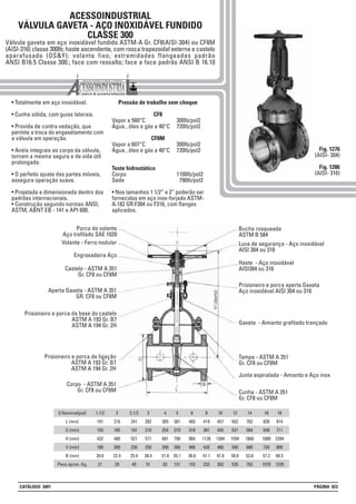 • Totalmente em aço inoxidável.
• Cunha sólida, com guias laterais.
• Provida de contra vedação, que
permite a troca do engaxetamento com
a válvula em operação.
• Anéis integrais ao corpo da válvula,
tornam a mesma segura e de vida útil
prolongada.
• O perfeito ajuste das partes móveis,
assegura operação suave.
• Projetada e dimensionada dentro dos
padrões internacionais.
• Construção segundo normas ANSI,
ASTM, ABNT EB - 141 e API 600.
Pressão de trabalho sem choque
CF8
Vapor a 560°C 300lb/pol2
Água , óleo e gás a 40°C 720lb/pol2
CF8M
Vapor a 607°C 300lb/pol2
Água , óleo e gás a 40°C 720lb/pol2
Teste hidrostático
Corpo 1100lb/pol2
Sede 790lb/pol2
• Nos tamanhos 1 1/2” e 2” poderão ser
fornecidos em aço inox-forjado ASTM-
A.182 GR.F304 ou F316, com flanges
aplicados.
Fig. 1276
(AISI- 304)
Fig. 1286
(AISI- 316)
ACESSOINDUSTRIAL
VÁLVULA GAVETA - AÇO INOXIDÁVEL FUNDIDO
CLASSE 300
Válvula gaveta em aço inoxidável fundido ASTM-A Gr. CF8(AISI-304) ou CF8M
(AISI-316) classe 300lb; haste ascendente, com rosca trapezoidal externa e castelo
aparafusado (OS&Y); volante fixo; extremidades flangeadas padrão
ANSI B16.5 Classe 300.; face com ressalto; face a face padrão ANSI B 16.10
16
838
648
1880
720
57.2
1070
18
914
711
2294
800
60.5
1320
1.1/2
191
155
432
180
20.6
21
2
216
165
480
200
22.4
29
2.1/2
241
191
521
230
25.4
40
3
283
210
571
250
28.4
51
8
419
381
1126
420
41.1
232
5
381
279
790
350
35.1
131
0 Nominal(pol)
L (mm)
D (mm)
H (mm)
V (mm)
B (mm)
Peso aprox. Kg.
4
305
254
681
300
31.8
82
6
403
318
904
400
36.6
153
10
457
445
1384
460
47.8
362
12
502
521
1594
500
50.8
535
14
762
584
1800
680
53.8
762
Bucha rosqueada
ASTM B 584
Luva de segurança - Aço inoxidável
AISI 304 ou 316
Haste - Aço inoxidável
AISI304 ou 316
Prisioneiro e porca aperta Gaxeta
Aço inoxidável AISI 304 ou 316
Gaxeta - Amianto grafitado trançado
Tampa - ASTM A 351
Gr. CF8 ou CF8M
Junta espiralada - Amianto e Aço inox
Cunha - ASTM A 351
Gr. CF8 ou CF8M
Porca do volante
Aço trefilado SAE 1020
Volante - Ferro nodular
Engraxadeira Aço
Castelo - ASTM A 351
Gr. CF8 ou CF8M
Aperta Gaxeta - ASTM A 351
GR. CF8 ou CF8M
Prisioneiro e porca da base do castelo
ASTM A 193 Gr. B7
ASTM A 194 Gr. 2H
Prisioneiro e porca de ligação
ASTM A 193 Gr. B7
ASTM A 194 Gr. 2H
Corpo - ASTM A 351
Gr. CF8 ou CF8M
CATÁLOGO 2001 PÁGINA 023
 