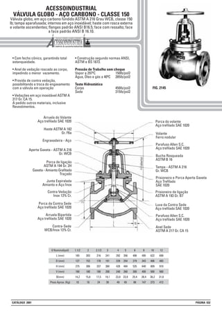 ACESSOINDUSTRIAL
VÁLVULA GLOBO - AÇO CARBONO - CLASSE 150
Válvula globo, em aço carbono fundido ASTM A 216 Grau WCB, classe 150
lb; tampa aparafusada; internos em aço inoxidável; haste com rosca externa
e volante ascendentes; flanges padrão ANSI B16.5; face com ressalto; face
a face padrão ANSI B 16.10.
• Com fecho cônico, garantindo total
estanqueidade.
• Anel de vedação roscado ao corpo,
impedindo o menor vazamento.
• Provida de contra vedação,
possibilitando a troca do engaxamento
com a válvula em operação
• Vedações em aço inoxidável ASTM A
217 Gr. CA 15.
A pedido outros materiais, inclusive
Revestimentos.
• Construção segundo normas ANSI,
ASTM e BS 1873.
Pressão de Trabalho sem choque
Vapor a 297ºC 150lb/pol2
Água, Óleo e gás a 40ºC 285lb/pol2
Teste Hidrostático
Corpo 450lb/pol2
Sede 315lb/pol2
FIG. 2145
1.1/2
165
127
275
160
14,2
10
2
203
152
306
180
15,8
18
2.1/2
216
178
337
180
17,5
24
3
241
191
360
200
19,1
30
8
495
343
640
400
28,4
147
5
356
254
484
260
23,9
65
0 Nominal(pol)
L (mm)
D (mm)
H (mm)
V (mm)
B(mm)
Peso Aprox. (Kg)
4
292
229
428
240
23,9
49
6
406
279
535
300
25,4
88
10
622
406
809
500
30,2
273
12
699
483
910
560
31,8
412
Arruela do Volante
Aço trefilado SAE 1020
Bucha Rosqueada
ASTM B 16
Prisioneiro e Porca Aperta Gaxeta
Aço Trefilado
SAE 1020
Prisioneiro de ligação
ASTM A 193 Gr. B7
Tampa - ASTM A 216
Gr. WCB
Porca de ligação
ASTM A 194 Gr. 2H
Contra-Sede
WCB/Inox 13% Cr.
Porca do volante
Aço trefilado SAE 1020
Volante
Ferro nodular
Haste ASTM A 182
Gr. F6a
Aperta Gaxeta - ASTM A 216
Gr. WCB
Gaxeta - Amianto Grafitado
Traçado
Contra Vedação
Inox 13% Cr.
Junta Espiralada
Amianto e Aço Inox
Porca da Contra Sede
Aço trefilado SAE 1020
Parafuso Allen S.C.
Aço trefilado SAE 1020
Luva da Contra Sede
Aço trefilado SAE 1020
Parafuso Allen S.C.
Aço trefilado SAE 1020
Anel Sede
ASTM A 217 Gr. CA 15
Engraxadeira - Aço
Arruela Bipartida
Aço trefilado SAE 1020
CATÁLOGO 2001 PÁGINA 032
 