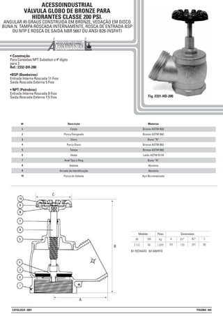 C
B
A
ACESSOINDUSTRIAL
VÁLVULA GLOBO DE BRONZE PARA
HIDRANTES CLASSE 200 PSI.
ANGULAR 45 GRAUS CONSTRUIDA EM BRONZE, VEDAÇÃO EM DISCO
BUNA N. TAMPA ROSCADA INTERNAMENTE, ROSCA DE ENTRADA BSP
OU NTP E ROSCA DE SAIDA NBR 5667 OU ANSI B26 (NSFHT)
• Construção
Para Conexões NPT Substituir o 4º digito
para 2
Ref.: 2332-DH-200
•BSP (Bombeiros)
Entrada Interna Roscada 11 Fios
Saida Roscada Externa 5 Fios
• NPT (Petrobras)
Entrada Interna Roscada 8 Fios
Saida Roscada Externa 7,5 Fios Fig. 2331-HD-200
Peso Dimensões
Kg B1*IN
Medida
DN A B2*
1,870 1702 1/2 65 107 201
B1 FECHADO B2 ABERTO
C
90
1
2
3
4
5
6
7
8
Nº Materias
Bronze ASTM B62
Bronze ASTM B62
Buna “N”
Bronze ASTM B62
Bronze ASTM B62
Latão ASTM B124
Buna “N”
Alumínio
Alumínio
Aço Bicromatizado
Descrição
Corpo
Porca Flangeada
Disco
Porca Disco
Tampa
Haste
Anel Tipo o Ring
Volante
Arruela de Identificação
Porca do Volante
9
10
CATÁLOGO 2001 PÁGINA 042
 