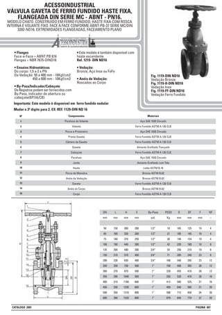 ACESSOINDUSTRIAL
VÁLVULA GAVETA DE FERRO FUNDIDO HASTE FIXA,
FLANGEADA DIN SERIE MC - ABNT - PN16.
MODELO CHATO. CONSTRUIDO EM FERRO FUNDIDO, HASTE FIXA COM ROSCA
INTERNA E VOLANTE FIXO. FACE A FACE CONFORME ABNT-PB-37 SERIE MC/DIN
3202-ND16. EXTREMIDADES FLANGEADAS, FACEAMENTO PLANO
• Flanges
Face-a-Face = ABNT PB 816
Flanges = NBR 7675-DIND16
• Ensaios Hidrostáticos
Do corpo: 1,5 a 2 x PN
Da Vedação: 50 a 400 mm - 16Kgf/cm2
450 a 600 mm - 10Kgf/cm2
• By-Pass/Indicador/Cabeçote
Os Registros podem ser fornecidos com
By-Pass, indicador de abertura ou
cabeçote(BP/IA/CB)
• Este modelo é também disponível com
haste ascendente
Ref. 1219- DIN ND16
• Vedação:
Bronze, Aço Inox ou FoFo
• Anéis de Vedação:
Roscados ao Corpo
Fig. 1119-DIN ND16
Vedação Bronze
Fig. 1119-II-DIN ND16
Vedação Inox
Fig. 1119-FF-DIN ND16
Vedação Ferro Fundido
DN
mm
50
65
75
100
125
150
200
250
300
350
400
450
500
600
L
mm
150
160
180
190
200
210
230
250
270
290
310
330
350
390
H
mm
300
320
370
440
490
570
650
730
870
1040
1160
1230
1310
1520
V
mm
200
200
250
300
300
400
400
500
500
500
600
600
800
800
PESO
Kg
18
21
30
42
55
71
106
150
228
293
412
469
590
879
D
mm
165
185
194
220
250
285
340
400
455
520
580
640
715
840
DF
mm
125
145
154
180
210
240
295
355
410
470
525
585
650
770
F
mm
19
19
19
19
19
23
23
28
28
28
31
31
34
37
NF
--
4
4
4
8
8
8
12
12
12
16
16
20
20
20
1
2
3
4
5
6
7
8
Nº Materiais
Aço SAE 1020 Zincado
Ferro Fundido ASTM A 126 CLB
Aço SAE 1020 Zincado
Ferro Fundido ASTM A 126 CLB
Ferro Fundido ASTM A 126 CLB
Amianto Grafitado Trançado
Ferro Fundido ASTM A 126 CLB
Aço SAE 1020 Zincado
Amianto Grafitado com Tela
Latão ASTM B.16
Bronze ASTM B.62
Bronze ASTM B.62
Ferro Fundido ASTM A 126 CLB
Bronze ASTM B.62
Ferro Fundido ASTM A 126 CLB
Componentes
Parafuso do Volante
Volante
Porca e Prisioneiro
Preme Gaxeta
Câmara da Gaxeta
Gaxeta
Cabeçote
Parafuso
Junta
Haste
Porca de Manobra
Anéis da Vedação
Gaveta
Anéis do Corpo
Corpo
9
10
11
12
13
14
15
By-Pass
pol.
1/2”
1/2”
1/2”
1/2”
3/4”
3/4”
3/4”
1”
1”
1”
1”
1”
1”
1”
Importante: Este modelo é disponivel em ferro fundido nodular
Mudar o 3º digito para 2. EX: REF. 1129-DIN ND 16
CATÁLOGO 2001 PÁGINA 007
 