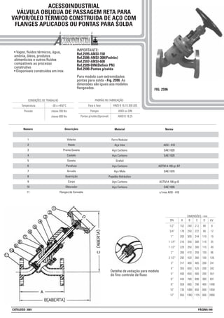 ACESSOINDUSTRIAL
VÁLVULA OBLIQUA DE PASSAGEM RETA PARA
VAPOR/ÓLEO TÉRMICO CONSTRUIDA DE AÇO COM
FLANGES APLICADOS OU PONTAS PARA SOLDA
FIG. 2596
• Vapor, fluídos térmicos, água,
amônia, óleos, produtos
alimenticios e outros fluídos
compatíveis ao processo
construtivo
• Disponíveis construídos em inox
Pressão classe 300 lbs
classe 600 lbs
CONDIÇÕES DE TRABALHO
Temperatura -30 a +450°C
DN
1/2”
3/4”
1”
1 1/4”
1 1/2”
2”
2 1/2”
3”
4”
5”
6”
8”
10”
12”
DIMENSÕES - mm
A
152
178
203
216
228
266
292
317
355
400
444
559
730
850
B
240
250
300
350
350
410
420
480
600
650
780
880
1000
1300
C
212
222
244
300
300
350
360
405
520
560
690
786
850
1135
D
80
80
110
110
110
130
130
200
200
200
300
400
600
600
6
12
19
35
49
86
126
241
342
557
831
1490
1850
2800
KV
IMPORTANTE:
Ref.2595-ANSI-150
Ref.2596-ANSI-300(Padrão)
Ref.2597-ANSI-600
Ref.2599-DIN(Definir PN)
Ref.2590-Pontas p/solda
Para modelo com extremidades
pontas para solda - Fig. 2590. As
dimensões são iguais aos modelos
flangeados.
Flanges ANSI ou DIN
ANSI B 16.25
PADRÃO DE FABRICAÇÃO
Face à face ANSI B 16.10 300 LBS
Pontas p/solda:(Opcional)
Descrições
Volante
Haste
Preme Gaxeta
Castelo
Gaxeta
Parafuso
Arruela
Guarnição
Corpo
Obturador
Flanges de Conexão
Material
Ferro Nodular
Aço Inóx
Aço Carbono
Aço Carbono
Grafoil
Aço Carbono
Aço Mola
Papelão Hidráulico
Aço Carbono
Aço Carbono
Número
1
2
3
4
5
6
7
8
9
10
11
Norma
AISI - 410
SAE 1020
SAE 1020
ASTM A 193 gr. B7
SAE 1070
ASTM A 106 gr.B
SAE 1020
c/ inox AISI - 410
Detalhe de vedação para modelo
de fino controle de fluxo
CATÁLOGO 2001 PÁGINA 049
 