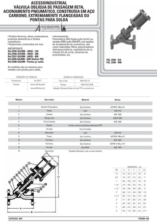 ACESSOINDUSTRIAL
VÁLVULA OBLIQUA DE PASSAGEM RETA,
ACIONAMENTO PNEUMÁTICO, CONSTRUÍDA EM AÇO
CARBONO, EXTREMAMENTE FLANGEADAS OU
PONTAS PARA SOLDA
FIG. 2596 - DA
FIG. 2596 - RM
• Fluídos térmicos, óleos combustíveis,
produtos alimentícios e fluídos
compatíveis
• Disponíveis construídos em inox
• Acionamento:
Pneumático (DA) dupla ação (ar/ar) ou
simples (RM) ação (NA/NF), com opções
de acoplamento de acessórios, tais
como: solenóides, filtros, posicionadores
eletropneumáticos, reguladores de ar,
chaves fim de curso, sensores de
proximidade, etc.
IMPORTANTE:
Ref.2595-DA/RM - ANSI - 150
Ref.2596-DA/RM - ANSI - 300
Ref.2597-DA/RM - ANSI - 600
Ref.2599-DA/RM - DIN (Definir PN)
Ref.2590-DA/RM - Pontas p/ solda
As medidas são as mesmas para
modelo com pontas para solda.
DN
1/2”
3/4”
1”
1 1/4”
1 1/2”
2”
2 1/2”
3”
4”
5”
6”
DIMENSÕES - mm
A
152
178
203
216
228
266
292
317
355
400
444
B
424
437
449
456
494
513
575
587
642
675
710
C
212
212
233
233
284
284
362
362
397
430
465
D
155
155
155
155
208
208
274
274
415
415
510
10
17
29
52
72
125
183
283
501
812
1211
CV
Descrições
Cilindro Pneumático
Haste
Castelo
Flange oval
Preme Gaxeta
Gaxeta
Arruela
Obturador
Corpo
Parafuso
Parafuso
Arruela
Guarnição
Material
Aço Carbono
Inóx
Aço Carbono
Aço Carbono
Aço Carbono
Grafoil, amianto grafitado,teflonado,PTFE
Ferro Fundido
Inóx
Aço Carbono
Aço Carbono
Aço Carbono
Aço Mola
Papelão Hidráulico com ou sem amianto
Número
1
2
3
4
5
6
7
8
9
10
11
12
13
Norma
ASTM A 106 gr B
AISI 410
SAE 1020
SAER 1020
SAE 1020
AISI 410
ASTM A 106 gr B
SAE 1045
ASTM A 193 gr B 7
SAE 1070
Pressão classe 300 lbs/pol2
classe 600 lbs/cm2
CONDIÇÕES DE TRABALHO
Temperatura até 450°C
Flanges ANSI B16.5/DIN
PADRÃO DE FABRICAÇÃO
Face à face ANSI B16.10
Vedação Obturador/Sede em Inox PTFE ou metal duro
CATÁLOGO 2001 PÁGINA 050
 