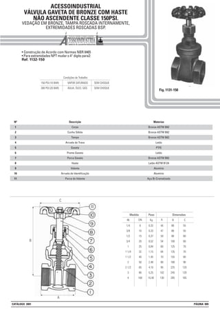 ACESSOINDUSTRIAL
VÁLVULA GAVETA DE BRONZE COM HASTE
NÃO ASCENDENTE CLASSE 150PSI.
VEDAÇÃO EM BRONZE, TAMPA ROSCADA INTERNAMENTE,
EXTREMIDADES ROSCADAS BSP.
• Construção de Acordo com Normas NBR 8465
• Para extremidades NPT mudar o 4° digito para2:
Ref. 1132-150
Fig. 1131-150
Peso Dimensões
Kg BIN
Medida
DN A
1/4
3/8
1/2
3/4
1
1 1/4
1 1/2
2
2 1/2
3
4
6
10
15
20
25
32
40
50
65
80
100
0,33
0,33
0,37
0,52
0,84
1,15
1,45
2,48
4,10
5,25
10,40
44
47
50
54
60
64
70
80
95
102
130
88
88
88
100
125
135
155
180
225
245
285
C
55
55
60
60
70
70
80
90
120
120
165
Materias
Bronze ASTM B62
Bronze ASTM B62
Bronze ASTM B62
Latão
PTFE
Latão
Bronze ASTM B62
Latão ASTM B124
Alumínio
Alumínio
Aço Bi-Cromatizado
Descrição
Corpo
Cunha Sólida
Tampa
Arruela de Trava
Gaxeta
Preme Gaxeta
Porca Gaxeta
Haste
Volante
Arruela de Identificação
Porca do Volante
Nº
1
2
3
4
5
6
7
8
9
10
11
Condições de Trabalho
150 PSI (10 BAR) VAPOR SATURADO SEM CHOQUE
300 PSI (20 BAR) ÁGUA, ÓLEO, GÁS SEM CHOQUE
A
B
C
CATÁLOGO 2001 PÁGINA 009
 