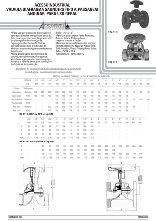 ACESSOINDUSTRIAL
VÁLVULA DIAFRAGMA SAUNDERS TIPO A, PASSAGEM
ANGULAR, PARA USO GERAL
FIG. 4114• Para uso geral oferece fluxo suave e
operação simples em qualquer posição.
Seu projeto proporciona longa vida útil
do diafragama em serviços de
regulagem e fechamento. Outras
características são o indicador de
abertura e o comando permanentemente
lubrificado.
• Uma ampla gama de materiais de
corpos, revestimentos, diafragmas,
atuadores e acessórios permitem-nos
fornecer a válvula certa para condições
particulares de operação
Bitola: 1/4” a 14”
Materiais dos corpos: Ferro Fundido,
Bronze, Inox e Polipropileno
Pressão: Vácuo à 230psi
Materiais de revestimento dos corpos:
Ebonite, Borracha Natural, Neopreme,
Butil, Hypalon, Vidro, Polipropileno, Halar,
Tefzel, PVDF e PFA
Temperatura: -50°C a 175°C
Importante: As informações do fluido/pressão/temperatura para seleção
do diafragma e revestimento são imprescindiveis
FIG. 4111
BITOLAS
DN
PRESSÃO MÁXIMA DE TRABALHO EM PSI ( À TEMPERATURA AMBIENTE)
3/8”
010
1/2”
015
3/4”
020
1”
025
11/4”
032
11/2”
040
2”
050
21/2”
065
3”
080
4”
100
5”
125
6”
150
8”
200
10”
250
12”
300
14”
350
230
150
-
-
-
-
230
150
-
-
-
-
230
150
-
-
230
150
230
150
230
150
230
150
230
150
230
150
230
150
230
150
230
150
230
150
230
150
230
150
230
150
230
150
230
150
230
150
150
150
150
150
150
150
150
150
150
150
150
150
150
150
150
150
150
150
150
150
150
150
150
150
150
100
150
100
150
100
75
75
75
75
60
60
75
-
75
-
60
-
60
-
60
-
-
-
1/4”
008
Diafragmas
Borracha
PTFE
Borracha
PTFE
Borracha
PTFE
Corpos
Sem revest.
Sem revest.
Rev. Borracha
Rev. Borracha
Rev. Vidro
Rev. Vidro
60
-
60
-
-
-
A
B
C
Peso
1/4”
008
62
57
36
0.11
3/8”
010
68
62
43
0.15
1/2”
015
93
87
66
0.45
3/4”
020
98
90
83
0.90
1”
025
121
110
110
1.13
11/4”
032
158
144
121
1.80
11/2”
040
174
157
140
2.70
2”
050
195
172
165
5.00
21/2”
065
266
230
203
10.0
3”
080
290
249
254
15.0
4”
100
-
-
-
-
5”
125
-
-
-
-
6”
150
-
-
-
-
8”
200
-
-
-
-
10”
250
-
-
-
-
A
B
C
Peso
-
-
-
-
-
-
-
-
92
85
102
1.80
95
87
118
1.80
121
110
127
2.70
158
144
146
4.00
158
140
159
4.90
180
158
191
7.70
266
229
216
14.0
265
224
254
19.0
334
282
305
31.7
427
354
356
48.0
510
430
406
62.1
458
-
521
152
653
-
635
270
12”
300
-
-
-
-
14”
350
-
-
-
-
664
-
749
360
669
-
749
506
FIG. 4111- BSP ou NPT = Fig.4112
FIG. 4114 - ANSI ou DIN = Fig.4119
CATÁLOGO 2001 PÁGINA 072
 