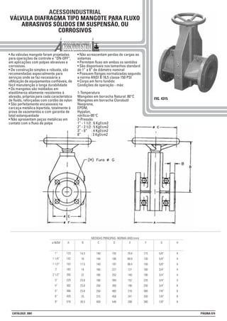 ACESSOINDUSTRIAL
VÁLVULA DIAFRAGMA TIPO MANGOTE PARA FLUXO
ABRASIVOS SÓLIDOS EM SUSPENSÃO, OU
CORROSIVOS
FIG. 4315
• As válvulas mangote foram projetadas
para operações de controle e “ON-OFF”,
em aplicações com polpas abrasivas e
corrosivas.
• De construção simples e robusta, são
recomendadas especialmente para
serviços onde se faz necessária a
ultilização de equipamentos confiáveis, de
fácil manutenção e longa durabilidade
• Os mangotes são moldados em
elastômeros altamente resistentes à
abrasão, próprios para cada característica
de fluído, reforçadas com cordão de nylon
• São perfeitamente encaixaveis na
carcaça metálica bipartida, totalmente à
prova de vazamentos e com garantia de
total estanqueidade
• Não apresentam peças metálicas em
contato com o fluxo de polpa
• Não acrescentam perdas de cargas ao
sistemas
• Permitem fluxo em ambos os sentidos
• São disponíveis nos tamanhos standard
de 1” a 8” de diâmetro nominal
• Possuem flanges normalizadas segundo
a norma ANSI B 16,5 classe 150 PSI
• Corpo em ferro fundido
Condições de operação - máx:
1-Temperatura
Mangotes em borracha Natural: 80°C
Mangotes em borracha Clorobutil
Neoprene,
EPDM,
Hypalon,
nitrílica=95°C
2-Pressão
1” - 1 1/2 : 6 Kgf/cm2
2” - 2 1/2 : 5 Kgf/cm2
3” - 6” : 4 Kgf/cm2
8” : 3 Kgf/cm2
5/8”
5/8”
5/8”
3/4”
3/4”
3/4”
3/4”
7/8”
7/8”
7/8”
ø NOM
1”
1 1/4”
1 1/2”
2’
2 1/2”
3”
4”
5”
6”
8”
123
142
152
182
205
225
302
366
420
516
14.3
16
17.5
19
22
23.8
23.8
23.8
25
28.5
A B
140
140
140
180
180
180
250
250
315
400
C
155
166
197
227
252
284
350
405
458
548
D
79.4
88.9
98.4
121
140
152
190
216
241
298
E
115
130
150
180
190
220
250
300
330
390
F G
4
4
4
4
4
4
8
8
8
8
H
MEDIDAS PRINCIPAIS -NORMA ANSI (mm)
CATÁLOGO 2001 PÁGINA 074
 