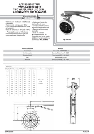 ACESSOINDUSTRIAL
VÁLVULA BORBOLETA
TIPO WAFER. PARA USO GERAL,
ACIONAMENTO POR ALAVANCA
• Estreita para montagem entre flanges
• Peso leve
• Fechamento estanque, até 10 bar
• Aplicação para os mais variados tipos
de materiais
• Faixa de temperatura -50°C até + 150°C
• Podemos fornecer as Válvulas de
Borboleta com disco e vedação em
outros materiais, sob consulta
• Podem ser fornecidas
opcionalmente com:
- Chave(s) fim-de-curso ou
sensor(es) de proximidade
- Sistema de bloqueio por
cadeado
-Haste de extensão
• Esta Válvula pode ser
fornecida com corpo anular
LUG (com furos roscados ou
sem rosca)= Ref. 5218.AL Fig. 5118- AL
G (mm)
35
35
35
35
35
43
43
52
68
68
68
68
H (mm)
100
100
100
100
100
100
100
100
130
130
150
150
C (mm)
266
266
266
266
266
266
266
266
360
360
360
360
DN (mm)
Dimensões
A (mm)DN (pol) B (mm)
1. 1/2
2
2. 1/2
3
4
5
6
8
10
12
14
16
40
50
65
80
100
125
150
200
250
300
350
400
127
137
147
157
172
187
202
232
280
320
345
382
95
105
115
125
140
155
170
200
235
275
300
337
D (mm)
92
110
130
144
175
200
225
273
327
394
441
500
E (mm)
75
85
100
115
137
167
197
249
309
374
405
462
F-d
ANSI- B 16.5
150 lbs.
ou outras.
Materiais
Ferro fundido ASTM A 126, Cl. B
Borracha Nítrica - Buna N - (NBR)
Ferro nodular ASTM A 536, Cl. 65T
Aço inoxidável AISI 420
Ferro nodular ASTM A 536, Cl. 65T
Construção Standard
Corpo nodular
Anel de vedação
Borboleta (Disco)
Eixo
Alavanca
CATÁLOGO 2001 PÁGINA 075
 