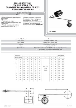 ACESSOINDUSTRIAL
VÁLVULA BORBOLETA
TIPO WAFER. PARA CONTROLE DE NÍVEL
ACIONAMENTO POR BOIA
• Construção estreita para montagem
entre flanges
• Peso leve
• Fechamento até 5 bar;
• Aplicação para os mais variados tipos
de materiais
• Faixa de temperatura do material
passante de -50°C até +150°C
• Podemos fornecer as Válvulas de
Borboleta com disco e vedação em
outros materiais, sob consulta
• Esta Válvula pode ser fornecida com
corpo anular tipo LUG (com furos
roscados ou sem rosca) - Ref. 5218-BO
Fig. 5118-BO
G
35
35
35
35
35
43
43
52
68
68
68
68
H
100
100
100
100
100
100
100
100
100
100
125
125
C
800
800
800
800
800
800
800
100
1200
1400
1500
1700
NW (mm)
Dimensões
ADN (pol) B
1. 1/2
2
2. 1/2
3
4
5
6
8
10
12
14
16
40
50
65
80
100
100
125
150
200
250
350
400
127
137
147
157
172
187
202
232
280
320
345
382
95
105
115
125
140
155
170
200
235
275
300
337
D
92
110
130
144
175
200
225
273
327
394
441
500
E
75
85
100
115
137
167
197
249
309
374
405
462
F-d
ANSI- B 16.5
150 lbs.
ou outras.
J
250
250
250
250
250
250
250
300
300
300
400
400
K
300
300
300
300
300
300
300
400
400
400
400
400
FLUTUADOR
Materias
Ferro fundido ASTM A 126, Cl. B
Borracha Nítrica - Buna N - (NBR)
Ferro nodular ASTM A 536, Cl. 65T
Aço inoxidável AISI 420
Flutuador de chapa de aço inoxidável AISI 304 ou 316, com sistema de alavancas
aparafusadas de aço carbono com revestimento em Epoxi
Construção Standard
Corpo nodular
Anel de vedação
Borboleta
Eixo
Flutuador de nível
CATÁLOGO 2001 PÁGINA 077
 