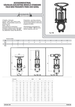 ACESSOINDUSTRIAL
VÁLVULAS GUILHOTINA MODELO STANDARD
FACA NÃO PASSANTE PARA USO GERAL
• Trabalho - Indicação
Líquidos - Água, óleo, massa, pasta
Sólidos - Pó, granulados, açucar, sal,
minerais, fumo
Gases - Gás, ar
• Características construtivas
Passagem integral, bi-direcional, alívio
de torque (manual), bitolas - 50 a 600
mm, ANSI B16.5 -Classe 150, DIN-PN 10
• Importante = para fluxo abrasivo
revestimento integral do corpo e da
faca em níquel químico cromo duro,
tungstenio ou teflon
• Revestimento na passagem do
corpo em UHMW - 1900, borracha
natural, neoprene, viton, etc.
Fig. 7148
E
160
180
210
140
195
350
400
460
515
565
620
725
D
M-16
M-16
M-16
M-20
M-20
M-20
M-20
M-20
M-20
M-24
M-24
M-27
C
145
168
198
220
270
330
370
440
506
560
620
762
DN
Dimensões
ASIZE B
3”
4”
5”
6”
8”
10”
12”
14”
16”
18”
20”
24”
76,2
101,6
127
152,4
203,2
254
304,8
355,6
406,4
457,2
508
609,6
280
280
280
280
360
360
360
360
580
580
580
580
380
448
480
535
650
745
865
980
1095
1225
1320
1535
D
5/8”
5/8”
3/4”
3/4”
3/4”
7/8”
7/8”
1”
1”
1.18/”
1.1/8”
1.1/4”
E
152,4
190,5
215,9
241,3
298,4
361,9
431,8
476,2
539,7
577,8
635
749,3
F/F
50,8
50,8
57,15
57,15
69,85
68,85
76,2
76,2
88,9
88,9
114,3
114,3
G
568
655
713
791
950
1125
1276
1446
1614
1830
1985
2298
H
490
547
600
653
760
857
973
1077
1191
1312
1606
1814
ANSI DIN
DN
PRES.
DN
PRES.
Pressão de trabalho
2”
12
18”
5
2. 1/2”
12
20”
5
3”
12
24”
5
4”
12
5”
10
6”
10
8”
10
10”
7
12”
7
14”
6
16”
7
Fig. 7148 Fig. 7148 - DA Fig. 7148 - MO
CATÁLOGO 2001 PÁGINA 086
 
