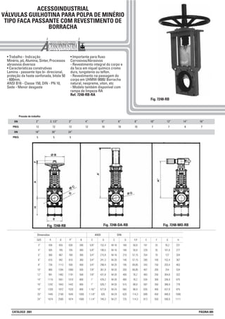 ACESSOINDUSTRIAL
VÁLVULAS GUILHOTINA PARA POLPA DE MINÉRIO
TIPO FACA PASSANTE COM REVESTIMENTO DE
BORRACHA
• Trabalho - Indicação
Minério, pó, Alumina, Sinter, Processos
abrasivos diversos
• Características construtivas
Lamina - passante tipo bi- direcional,
proteção da haste sanfonada, bitola 50
- 600mm,
ANSI B16 - Classe 150, DIN - PN 10,
Sede - Menor desgaste
• Importante para fluxo
Corrosivos/Abrasivos
- Revestimento integral do corpo e
da faca em níquel químico cromo
duro, tungstenio ou teflon.
- Revestimento na passagem do
corpo em UHMW-9000/ Borracha
natural, neopreme, viton, etc
- Modelo também disponível com
rampa de limpeza-RA
Ref. 7248-RB-RA
Fig. 7248-RB
D
160
180
210
140
195
350
400
460
515
565
620
725
C
M-16
M-16
M-16
M-20
M-20
M-20
M-20
M-20
M-20
M-24
M-24
M-27
B
280
360
360
360
400
500
500
800
800
800
1000
1000
A
Dimensões
A’SIZE A”
3”
4”
5”
6”
8”
10”
12”
14”
16”
18”
20”
24”
430
505
560
610
730
860
991
1110
1242
1320
1445
1674
655
785
867
942
1113
1294
1482
1651
1843
1972
2168
2500
630
705
760
810
930
1060
1191
1310
1442
1520
1645
1874
C
5/8”
5/8”
3/4”
3/4”
3/4”
7/8”
7/8”
1”
1”
1.18/”
1.1/8”
1.1/4”
D
152,4
190,5
215,9
241,3
298,4
361,9
431,8
476,2
539,7
577,8
635
749,3
F/F
50,8
50,8
57,15
57,15
69,85
68,85
76,2
76,2
88,9
88,9
114,3
114,3
E
191
229
254
280
343
407
483
534
597
635
699
813
F
25
35
70
100
150
200
250
300
350
400
450
550
ANSI DIN
G
76,2
101,6
127
152,4
203,4
254
304,8
336,9
386,9
437,9
488,9
590,9
H
231
277
334
367
463
534
322
675
779
875
1006
1111
DN
PRES.
DN
PRES.
Pressão de trabalho
2”
12
18”
5
2. 1/2”
12
20”
5
3”
12
24”
5
4”
12
5”
10
6”
10
8”
10
10”
7
12”
7
14”
6
16”
7
Fig. 7248-RB Fig. 7248-DA-RB Fig. 7248-MO-RB
CATÁLOGO 2001 PÁGINA 089
 