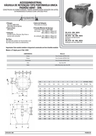 ACESSOINDUSTRIAL
VÁLVULA DE RETENÇÃO TIPO PORTINHOLA UNICA
PADRÃO ABNT - DIN.
CONSTRUIDA DE FERRO FUNDIDO, TAMPA APARAFUSADA VEDAÇÃO EM LATÃO,
EXTREMIDADES FLANGES CONF. DIN 2532 PN10
• Flanges
Normas NBR 7675
DIN 2532 ND10 (ND10)
• Face-a-face
DIN 3232
• Vedação:
Em Borracha, Bronze, Aço Inox e
outras sob consulta
By-Pass
As Valvulas podem ser fornecidas com
By-Pass para todos os diâmentros.
• Anéis de Vedação:
Roscados ao Corpo
• Pressão Máxima de Serviço:
Teste Hidrostático NBR 6896
do corpo: 50 a 300mm-15Kg/cm2
350 a 600mm-15Kg/cm2
do vedação: 50 a 300mm-15Kg/cm2
350 a 600mm-15Kg/cm2
FIG. 8119 - DIN - ND10
Vedação em Latão
FIG. 8119 - VB - DIN - ND10
Vedação em Borracha
Nitrilica
FIG. 8119 - XX - DIN - ND10
Vedação em Inox AISI-316
Material
Ferro Fundido ASTM A CLB
Ferro Fundido ASTM A CLB
Ferro Fundido ASTM A CLB
Aço Inox 410
Latão, Borracha, Aço Inox 316
COMPONENTES
Corpo
Tampa
Portinhola
Eixo
Sede
DN
Mm.
50
60
75
100
125
150
200
250
300
350
400
450
500
600
A
mm
212
240
250
280
325
357
440
555
620
695
775
860
940
1080
B
mm
82
92
100
110
125
142
170
250
280
315
355
400
445
520
C
mm
130
148
150
170
200
215
270
305
340
380
420
460
495
560
D
mm
165
185
194
220
250
285
340
400
455
505
565
615
670
780
E
mm
200
225
250
300
350
400
500
600
700
800
900
1000
1100
1300
F
mm
-
-
-
-
-
-
-
160
180
215
240
265
270
320
G
mm
-
-
-
-
-
-
-
275
325
370
420
470
540
660
H
mm
-
-
-
-
-
-
-
270
280
320
340
380
420
500
I
mm
190
200
205
220
235
290
320
360
395
510
570
615
675
750
BY-PASS
Dn pol
1/2
1/2
1/2
1/2
1/2
3/4
3/4
1
1
1 1/2
2
2
2
2 1/2
PESO
Kg
16
22
25
35
48
74
117
182
247
354
460
600
830
1.165
Importante: Este modelo também é disponivel construído em ferro fundido modular
Mudar o 3º digito para 2: Ref.: 8129
CATÁLOGO 2001 PÁGINA 091
 