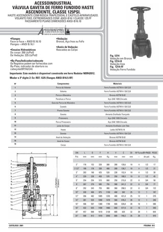 ACESSOINDUSTRIAL
VÁLVULA GAVETA DE FERRO FUNDIDO HASTE
ASCENDENTE, CLASSE 125PSI.
HASTE ASCENDENTE COM ROSCA TRAPEZOIDAL E CASTELO APARAFUSADO.
VOLANTE FIXO, EXTREMIDADES CONF. ANSI-B16.1 CLASSE 125.FF
FACEAMENTO PLANO DIMENSÕES ANSI-B16.10
•Flanges
Face-a-Face = ANSI B.16.10
Flanges = ANSI B.16.1
•Ensaios Hidrostáticos
Do corpo: 350 Lb/Pol2
Da Vedação: 225 Lb/Pol2
•By-Pass/Indicador/cabeçote
Os Registros podem ser fornecidos com
By-Pass, indicador de abertura ou
cabeçote(BP/IA/CA)
•Vedação:
Bronze, Aço Inox ou FoFo
•Anéis de Vedação:
Roscados ao Corpo
Fig. 1214
Vedação em Bronze
Fig. 1214-II
Vedação Inox
Fig. 1214-FF
Vedação Ferro Fundido
DN
Pol.
2”
2 1/2”
3”
4”
5”
6’
8”
10”
12”
14”
16”
18”
20”
24”
L
mm
178
190
203
229
254
267
292
330
356
381
406
432
457
508
D
mm
152
178
190
228
254
279
343
406
482
533
597
635
698
812
F
mm
320
330
425
450
515
585
755
875
1005
1090
1380
1490
1610
1910
H
Kg
380
400
520
570
660
755
980
1150
1335
1470
1790
1960
2130
2550
V
mm
200
200
230
250
250
300
360
400
480
560
600
600
800
800
C
mm
120,6
139,7
152,4
190,5
215,9
241,3
298,5
362
431,8
476,3
539,8
577,9
635
749,3
DI
mm
19
19
19
19
22
22
22
25
25
28
28
32
32
35
Nº Furos
--
4
4
4
8
8
8
8
12
12
12
16
16
20
20
1
2
3
4
5
6
7
8
Nº Materiais
Ferro Fundido ASTM A 126 CLB
Ferro Fundido ASTM A 126 CLB
Bronze ASTM B.62
Aço SAE 1020 Zincado
Ferro Fundido ASTM A 126 CLB
Ferro Fundido ASTM A 126 CLB
Ferro Fundido ASTM A 126 CLB
Amianto Grafitado Trançado
Aço SAE 1020 Zincado
Aço SAE 1020 Zincado
Amianto Grafitado com Tela
Latão ASTM B.16
Ferro Fundido ASTM A 126 CLB
Bronze ASTM B.62
Bronze ASTM B.62
Ferro Fundido ASTM A 126 CLB
Componentes
Porca do Volante
Volante
Porca e Manobra
Parafuso e Porca
Guia da Porca de Manobra
Castelo
Preme Gaxeta
Gaxeta
Prisioneiro
Porca Prisioneiro
junta do Corpo
Haste
Gaveta
Anel de Vedação
Anel do Corpo
Corpo
9
10
11
12
13
14
15
BY-PASS
dn pol.
1/2
1/2
1/2
1/2
3/4
3/4
3/4
1
1
1
1
1
1
1
BY-PASS
dn pol.
1/2
1/2
1/2
1/2
3/4
3/4
3/4
1
1
1
1
1
1
1
PESO
Kg.
17
21
30
45
58
77
122
187
270
340
480
540
654
970
16
Importante: Este modelo é disponivel construído em ferro Nodular NBR42012.
Mudar o 3º digito 2: Ex: REF. 1225 (flanges ANSI-B16.5-RF)
CATÁLOGO 2001 PÁGINA 012
 