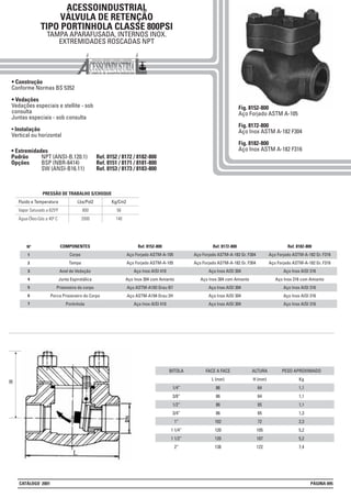 ACESSOINDUSTRIAL
VÁLVULA DE RETENÇÃO
TIPO PORTINHOLA CLASSE 800PSI
TAMPA APARAFUSADA, INTERNOS INOX.
EXTREMIDADES ROSCADAS NPT
• Construção
Conforme Normas BS 5352
• Vedações
Vedações especiais e stellite - sob
consulta
Juntas especiais - sob consulta
• Instalação
Vertical ou horizontal
Lbs/Pol2 Kg/Cm2
800 56Vapor Saturado a 825ºF
2000 140Água-Óleo-Gás a 40º C
Fluido e Temperatura
PRESSÃO DE TRABALHO S/CHOQUE
Fig. 8152-800
Aço Forjado ASTM A-105
Fig. 8172-800
Aço Inox ASTM A-182 F304
Fig. 8182-800
Aço Inox ASTM A-182 F316
BITOLA
1/4”
3/8”
1/2”
3/4”
1”
1 1/4”
1 1/2”
2”
FACE A FACE
L (mm)
86
86
86
86
102
120
120
138
ALTURA
H (mm)
64
64
65
65
72
105
107
122
PESO APROXIMADO
Kg
1,1
1,1
1,1
1,3
2,3
5,2
5,2
7,4
1
2
3
4
5
6
7
Nº Ref. 8152-800
Aço Forjado ASTM-A-105
Aço Forjado ASTM-A-105
Aço Inox AISI 410
Aço Inox 304 com Amianto
Aço ASTM-A193 Grau B7
Aço ASTM-A194 Grau 2H
Aço Inox AISI 410
COMPONENTES
Corpo
Tampa
Anel de Vedação
Junta Espirotálica
Prisioneiro do corpo
Porca Prisioneiro do Corpo
Portinhola
Ref. 8172-800
Aço Forjado ASTM-A-182 Gr. F304
Aço Forjado ASTM-A-182 Gr. F304
Aço Inox AISI 304
Aço Inox 304 com Amianto
Aço Inox AISI 304
Aço Inox AISI 304
Aço Inox AISI 304
Ref. 8182-800
Aço Forjado ASTM-A-182 Gr. F316
Aço Forjado ASTM-A-182 Gr. F316
Aço Inox AISI 316
Aço Inox 316 com Amianto
Aço Inox AISI 316
Aço Inox AISI 316
Aço Inox AISI 316
• Extremidades
Padrão NPT (ANSI-B.120.1) Ref. 8152 / 8172 / 8182-800
Opções BSP (NBR-6414) Ref. 8151 / 8171 / 8181-800
SW (ANSI-B16.11) Ref. 8153 / 8173 / 8183-800
H
CATÁLOGO 2001 PÁGINA 095
 