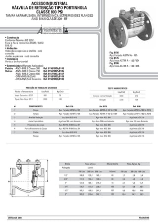 ACESSOINDUSTRIAL
VÁLVULA DE RETENÇÃO TIPO PORTINHOLA
CLASSE 800 PSI
TAMPA APARAFUSADA, INTERNOS INOX. EXTREMIDADES FLANGES
ANSI B16.5 CLASSE 300 - RF
Fig. 8156
Aço Forjado ASTM A - 105
Fig. 8176
Aço Inox ASTM A - 182 F304
Fig. 8186
Aço Inox ASTM A - 182 F316
1
2
3
4
5
6
7
Nº COMPONENTES
Corpo
Tampa
Anel de Vedação
Junta Espirotálica
Prisioneiro do corpo
Porca Prisioneiro do Corpo
Pistão
Flange
Ref. 8176
Aço Forjado ASTM-A-182 Gr. F304
Aço Forjado ASTM-A-182 Gr. F304
Aço Inox AISI 304
Aço Inox 304 com Amianto
Aço Inox AISI 304
Aço Inox AISI 304
Aço Inox AISI 304
Aço Inox AISI 304
Ref. 8186
Aço Forjado ASTM-A-182 Gr. F316
Aço Forjado ASTM-A-182 Gr. F316
Aço Inox AISI 316
Aço Inox 316 com Amianto
Aço Inox AISI 316
Aço Inox AISI 316
Aço Inox AISI 316
Aço Inox AISI 316
Lbs/Pol2 Kg/Cm2
800 56Vapor Saturado a 825ºF
2000 140Água-Óleo-Gás a 40º C
Fluido e Temperatura
PRESSÃO DE TRABALHO S/CHOQUE
Lbs/Pol2 Kg/Cm2
3000 210Corpo e Contra-Vedação
2200 154Vedação
TESTE HIDROSTÁTICO
• Construção
Conforme Normas BS 5352
Face a Face conforme ASME / ANSI
B16.10
• Vedações
Vedações especiais e stellite - sob
consulta
Juntas especiais - sob consulta
• Instalação
Vertical ou horizontal
• Extremidades (Flanges Aplicados)
Padrão -ANSI-B16.5 Classe 300 Ref. 8156/8176/8186
Outros -ANSI-B16.5 Classe 150 Ref. 8155/8175/8185
-ANSI-B16.5 Classe 600 Ref. 8157/8177/8187
-DIN ND10/16/25/40 Ref. 8159/8179/8189
-JIS/ABNT/Sob Desenho Ref. 8150/8170/8180
Bitola
150 Lbs
108,0
117,5
127,0
139,7
165,1
203,2
Face a Face
L(mm)
300 Lbs
139,7
152,4
165,1
177,8
190,5
215,6
Polegada
1/2”
3/4”
1”
1 1/4”
1 1/2”
2”
600 Lbs
165,1
190,5
215,9
228,6
241,3
292,1
Altura Aberta
H (mm)
65
65
72
105
107
122
150 Lbs
1,7
2,4
2,7
9,1
9,6
13,4
Peso Aprox. Kg.
300 Lbs
2,6
4,0
5,3
9,8
10,6
14,7
600 Lbs
3,4
4,4
6,7
10,4
11,6
15,3
Ref. 8156
Aço Forjado ASTM-A-105
Aço Forjado ASTM-A-105
Aço Inox AISI 410
Aço Inox 304 com Amianto
Aço ASTM-A193 Grau B7
Aço ASTM-A194 Grau 2H
Aço Inox AISI 410
Aço Forjado ASTM-A-105
CATÁLOGO 2001 PÁGINA 096
 