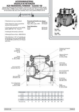 • Totalmente em aço inoxidável.
• Anel integral ao corpo, garantindo
absoluta estanqueidade.
• Construção segundo normas ASTM,
ANSI, ABNT EB - 141 - Parte IV
• Instalação Horizontal ou Vertical
• Dimenção Face-a-face = ANSI-B16.10
• Nos diâmetros 1 1/2” e 2” poderão ser
fornecidos em aço inox forjado ASTM-
A-182 GR.F304 ou GR.F316, com flanges
aplicados.
Presssão de Trabalho sem choque
Vapor a 297°C 150 lb/pol2
Água, Óleo e gás a 40°C 275 lb/pol2
Teste Hidrostático
Corpo 425 lb/pol2
Sede 300 lb/pol2
ACESSOINDUSTRIAL
VÁLVULA DE RETENÇÃO
AÇO INOXIDÁVEL FUNDIDO - CLASSE 150
Válvula de retenção tipo portinhola, corpo em aço inoxidável fundido ASTM
A 351 Gr.CF8 ou CFBM, classe 150 lb; tampa aparafusada ; flanges padrão ANSI
B 16.5 Classe 150; face com ressalto; face a face padrão ANSI B 16.10
1.1/2
165
127
104
14.2
11
2
203
152
120
15.8
13
2.1/2
216
178
137
17.5
18
3
241
191
146
19.1
24
8
495
343
256
28.4
120
5
330
254
191
23.9
58
0 Nominal(pol)
L (mm)
D (mm)
H (mm)
B (mm)
Peso aprox. Kg.
4
292
229
176
23.9
39
6
356
279
210
25.4
67
10
622
406
344
30.2
221
12
699
483
405
31.8
301
14
787
533
483
35.1
446
Fig. 8175
(AISI - 304)
Fig. 8185
(AISI - 316)
Porca de
Ligação
ASTM A 194
Gr. 2H
Junta espiralada
Amianto e Aço inox
Eixo
Aço inoxidável
AISI 304 ou 316
Prisioneiro de ligação
ASTM A 193
Gr. B7.
Tampa
ASTM A 351
Gr. Cf8 ou CF8M.
Contra pino
Aço inoxidável
AISI 304 ou 316
Arruela lisa
Aço inoxidável
AISI 304 ou 316
Disco (Portinhola)
ASTM A 351
Gr.CF8 ou CF8M
Alavanca (Braço)
ASTM A 351
Gr. CF8 ou CF8M
Porca da Portinhola
Aço inoxidável
AISI 304 ou 316
Corpo
ASTM A 351
Gr. CF8 ou CF8M
CATÁLOGO 2001 PÁGINA 097
 