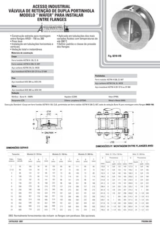 ACESSO INDUSTRIAL
VÁLVULA DE RETENÇÃO DE DUPLA PORTINHOLA
MODELO “ WAFER” PARA INSTALAR
ENTRE FLANGES
• Construção estreita para montagem
entre flanges ANSI - 150 ou 300
• Peso leve
• Instalação em tubulações horizontais e
verticais
• Vedação total e instantânea
• Aplicada em tubulações dos mais
variados fluidos com temperaturas de
até 200°C
• Definir padrão e classe de pressão
dos flanges
Fig. 8218-VB
105
124
137
175
197
222
279
340
410
451
514
549
606
718
60
67
73
73
86
98
127
146
181
178
159
181
213
222
Espes.
parede
Tamanho
Diâm.
externo
2
2.1/2
3
4
5
6
8
10
12
14
16
18
20
24
50
65
80
100
125
150
200
250
300
350
400
450
500
600
Modelo Cl. 125 lbs Modelo Cl. 150 lbs.
C
(mm)
A
(mm)
105
124
137
175
197
222
279
340
410
451
514
549
606
718
54
54
57
64
70
76
95
108
143
178
159
181
213
222
60
73
89
114
141
168
219
273
324
356
406
457
508
610
C
(mm)
A
(mm)
60
73
89
114
141
168
219
273
324
356
406
457
508
610
60
67
73
73
86
98
127
146
181
222
232
264
286
318
C
(mm)
A
(mm)
60
73
89
114
141
168
219
273
324
356
406
457
508
610
Modelo Cl. 300 lbs.
111
130
149
181
216
251
308
362
422
486
540
597
654
775
D
(mm)
120,6
139,7
152,4
190,5
215,9
241,3
298,4
361,9
431,8
476,2
539,7
577,8
635,0
749,3
Quant.
4
4
4
8
8
8
8
12
12
12
16
16
20
20
E
(pol)
5/8
5/8
5/8
5/8
3/4
3/4
3/4
7/8
7/8
1
1
1. 1/8
1. 1/8
1. 1/4
L
(mm)
133
133
140
159
171
178
203
229
267
305
305
330
362
425
L
(mm)
140
152
165
165
184
197
235
267
298
305
305
330
362
425
D
(mm)
127,0
149,2
168,3
200,0
234,9
269,9
330,2
374,3
450,8
514,3
571,5
628,6
685,8
812,8
Quant.
8
8
8
8
8
12
12
16
16
20
20
24
24
24
E
(pol)
5/8
3/4
3/4
3/4
3/4
3/4
7/8
1
1. 1/8
1. 1/8
1. 1/4
1 .1/4
1. 1/4
1. 1/2
L
(mm)
146
165
178
184
203
222
267
305
349
413
425
483
508
572
Prisioneiros Prisioneiros
Mod. Cl. 300 lbs.Mod. Cl. 125 e 150 lbs.
Corpo
Ferro fundido ASTM A 126, Cl. B
Ferro nodular ASTM A 536, Cl. 65T
Aço carbono ASTM 216, Gr. WCB
Aço inoxidável ASTM A 351 CF 8 ou CF 8M
Materiais de construção
Portinholas
Ferro nodular ASTM A 536, Cl. 65T
Aço carbono ASTM 216, Gr. WCB
Aço inoxidável ASTM A 351 CF 8 ou CF 8MMola
Aço inoxidável AISI 302 ou AISI 316
Eixo
Aço inoxidável AISI 304 ou AISI 316
Execução Standard =Corpo em ferro fundido ASTM A 126. CLB, portinholas em ferro nodular ASTM A 536 CL 65T, sede de vedação Buna N para montagem entre flanges ANSI-150.
Vedação
Nitrílica - Buna N - (NBR)
Neopreme (CR)
Hypalon (CSM)
Etileno- propileno (EPDM)
Viton (FPM)
Metal x Metal (MM)
OBS: Normalmente fornecimentos não incluem os flanges com parafusos. São opcionais.
CATÁLOGO 2001 PÁGINA 099
B
(mm)
B
(mm)
B
(mm)
 