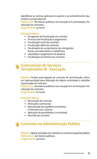 15Tribunal de Contas da União
obediência às normas aplicáveis à espécie e ao entendimento dou-
trinário e jurisprudencial.
Público-alvo: Servidores públicos com atuação em contratação e fis-
calização de contratos.
Carga horária: 35 horas
Principais tópicos
•	 Os agentes da fiscalização do contrato
•	 Processo de fiscalização e pagamento
•	 Fiscalização inicial do contrato
•	 Fiscalização diária do contrato
•	 Fiscalização do cumprimento das obrigações
fiscais, previdenciárias e trabalhistas
•	 Liquidação e pagamento da despesa
•	 Fiscalização ao término do contrato.
Contratação de Serviços
Terceirizados III - Execução
Objetivo: Propor prorrogação de contrato de terceirização, ofere-
cer representação para alteração do objeto contratado e subsidiar
repactuação de contrato.
Público-alvo: Servidores públicos com atuação em contratação e fis-
calização de contratos
Carga horária: 20 horas
Principais tópicos
•	 Renovação do contrato
•	 Alterações contratuais
•	 Manutenção do equilíbrio econômico
e financeiro do contrato
•	 Aplicação de penalidades à contratada
•	 Rescisão do contrato
Controles na Administração Pública
Objetivo: Aplicar princípios do controle no contexto da gestão pública.
Público-alvo: Servidores públicos.
Carga horária: 30 horas
 