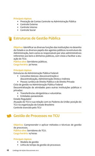 16 Catálogo de Ações Educacionais 2012
Principais tópicos
•	 Prestação de Contas Controle na Administração Pública
•	 Controle Externo
•	 Controle Interno
•	 Controle Social
Estruturas de Gestão Pública
Objetivo: Identificar as diversas funções das instituições no desenho
do Estado e os diversos papéis dos agentes públicos na estrutura da
Administração, bem como os responsáveis por atos administrativos
referentes aos bens e dinheiros públicos, com vistas a facilitar a atu-
ação do TCU.
Público-alvo: Servidores públicos.
Carga horária: 30 horas
Principais tópicos
Estruturas da Administração Pública Federal:
•	 Conceitos básicos: desconcentração e
descentralização, Administração Direta e Indireta
•	 Pessoa Jurídica de Direito Público e de Direito Privado
Ciclo de gestão na Administração Pública Federal
Descentralização de atividades para outras instituições públicas e
privadas:
•	 Transferências obrigatórias e voluntárias
•	 Entidades paraestatais
Estado Regulador
Atuação do TCU e sua relação com os Poderes da União: posição do
TCU na organização do Estado Brasileiro
Controle exercido pelo TCU
Gestão de Processos no TCU
Objetivo: Compreender e aplicar métodos e técnicas de gestão
de processos.
Público-alvo: Servidores do TCU.
Carga-horária: 14 horas
Principais tópicos
•	 Modelo de gestão
•	 Linha do tempo da gestão de processos
 