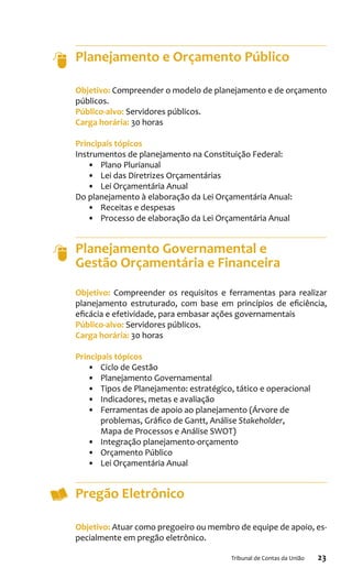23Tribunal de Contas da União
Planejamento e Orçamento Público
Objetivo: Compreender o modelo de planejamento e de orçamento
públicos.
Público-alvo: Servidores públicos.
Carga horária: 30 horas
Principais tópicos
Instrumentos de planejamento na Constituição Federal:
•	 Plano Plurianual
•	 Lei das Diretrizes Orçamentárias
•	 Lei Orçamentária Anual
Do planejamento à elaboração da Lei Orçamentária Anual:
•	 Receitas e despesas
•	 Processo de elaboração da Lei Orçamentária Anual
Planejamento Governamental e
Gestão Orçamentária e Financeira
Objetivo: Compreender os requisitos e ferramentas para realizar
planejamento estruturado, com base em princípios de eficiência,
eficácia e efetividade, para embasar ações governamentais
Público-alvo: Servidores públicos.
Carga horária: 30 horas
Principais tópicos
•	 Ciclo de Gestão
•	 Planejamento Governamental
•	 Tipos de Planejamento: estratégico, tático e operacional
•	 Indicadores, metas e avaliação
•	 Ferramentas de apoio ao planejamento (Árvore de
problemas, Gráfico de Gantt, Análise Stakeholder,
Mapa de Processos e Análise SWOT)
•	 Integração planejamento-orçamento
•	 Orçamento Público
•	 Lei Orçamentária Anual
Pregão Eletrônico
Objetivo: Atuar como pregoeiro ou membro de equipe de apoio, es-
pecialmente em pregão eletrônico.
 