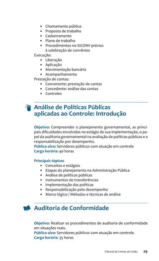 29Tribunal de Contas da União
•	 Chamamento público
•	 Proposta de trabalho
•	 Cadastramento
•	 Plano de trabalho
•	 Procedimentos no SICONV prévios
à celebração de convênios
Execução:
•	 Liberação
•	 Aplicação
•	 Movimentação bancária
•	 Acompanhamento
Prestação de contas:
•	 Convenente: prestação de contas
•	 Concedente: análise das contas
•	 Controles
Análise de Políticas Públicas
aplicadas ao Controle: Introdução
Objetivo: Compreender o planejamento governamental, as princi-
pais dificuldades envolvidas no estágio de sua implementação, o pa-
pel da auditoria governamental na avaliação de políticas públicas e a
responsabilização por desempenho.
Público-alvo: Servidores públicos com atuação em controle
Carga horária: 40 horas
Principais tópicos
•	 Conceitos e estágios
•	 Etapas do planejamento na Administração Pública
•	 Análise de políticas públicas
•	 Instrumentos de transferências
•	 Implementação das políticas
•	 Responsabilização pelo desempenho
•	 Marco lógico / Métodos e técnicas de análise
Auditoria de Conformidade
Objetivo: Realizar os procedimentos de auditoria de conformidade
em situações reais.
Público-alvo: Servidores públicos com atuação em controle.
Carga horária: 35 horas
 