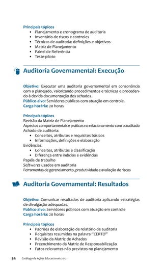 34 Catálogo de Ações Educacionais 2012
Principais tópicos
•	 Planejamento e cronograma de auditoria
•	 Inventário de riscos e controles
•	 Técnicas de auditoria: definições e objetivos
•	 Matriz de Planejamento
•	 Painel de Referência
•	 Teste-piloto
Auditoria Governamental: Execução
Objetivo: Executar uma auditoria governamental em consonância
com o planejado, valorizando procedimentos e técnicas e proceden-
do à devida documentação dos achados.
Público-alvo: Servidores públicos com atuação em controle.
Carga horária: 20 horas
Principais tópicos
Revisão da Matriz de Planejamento
Aspectoscomportamentaisepráticosnorelacionamentocom oauditado
Achado de auditoria:
•	 Conceitos, atributos e requisitos básicos
•	 Informações, definições e elaboração
Evidências:
•	 Conceitos, atributos e classificação
•	 Diferença entre indícios e evidências
Papéis de trabalho
Softwares usados em auditoria
Ferramentasdegerenciamento,produtividadeeavaliaçãoderiscos
Auditoria Governamental: Resultados
Objetivo: Comunicar resultados de auditoria aplicando estratégias
de divulgação adequadas.
Público-alvo: Servidores públicos com atuação em controle
Carga horária: 20 horas
Principais tópicos
•	 Padrões de elaboração de relatório de auditoria
•	 Requisitos resumidos na palavra “CERTO”
•	 Revisão da Matriz de Achados
•	 Preenchimento da Matriz de Responsabilização
•	 Fatos relevantes não previstos no planejamento
 