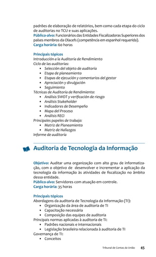45Tribunal de Contas da União
padrões de elaboração de relatórios, bem como cada etapa do ciclo
de auditorias no TCU e suas aplicações.
Público-alvo: FuncionáriosdasEntidadesFiscalizadorasSuperioresdos
países membros da Olacefs (competência em espanhol requerida).
Carga horária: 60 horas
Principais tópicos
Introducción a la Auditoría de Rendimiento
Ciclo de las auditorías:
•	 Selección del objeto de auditoría
•	 Etapa de planeamiento
•	 Etapas de ejecución y comentarios del gestor
•	 Apreciación y divulgación
•	 Seguimiento
Técnicas de Auditoría de Rendimiento:
•	 Análisis SWOT y verificación de riesgo
•	 Análisis Stakeholder
•	 Indicadores de Desempeño
•	 Mapa del Proceso
•	 Análisis RECI
Principales papeles de trabajo:
•	 Matriz de Planeamiento
•	 Matriz de Hallazgos
Informe de auditoría
Auditoria de Tecnologia da Informação
Objetivo: Auditar uma organização com alto grau de informatiza-
ção, com o objetivo de desenvolver e incrementar a aplicação da
tecnologia da informação às atividades de fiscalização no âmbito
dessa entidade.
Público-alvo: Servidores com atuação em controle.
Carga horária: 35 horas
Principais tópicos
Abordagens da auditoria de Tecnologia da Informação (TI):
•	 Organização da área de auditoria de TI
•	 Capacitação necessária
•	 Composição das equipes de auditoria
Principais normas aplicadas à auditoria de TI:
•	 Padrões nacionais e internacionais
•	 Legislação brasileira relacionada à auditoria de TI
Governança de TI:
•	 Conceitos
 