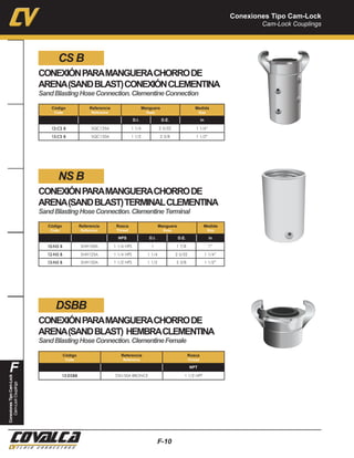 Conexiones Tipo Cam-Lock
Cam-Lock Couplings
F-10
F
ConexionesTipoCam-Lock
Cam-LockCouplings
CONEXIÓNPARAMANGUERACHORRODE
ARENA(SANDBLAST)CONEXIÓNCLEMENTINA
SandBlastingHoseConnection.ClementineConnection
12-CS B SQC125A 1 1/4 2 5/32 1 1/4”
15-CS B SQC150A 1 1/2 2 3/8 1 1/2”
Código
Code
Referencia
Reference
Manguera
Hose
Medida
Size
D.I. D.E. in
CS B
CONEXIÓNPARAMANGUERACHORRODE
ARENA(SANDBLAST)TERMINALCLEMENTINA
SandBlastingHoseConnection.ClementineTerminal
NS B
CONEXIÓNPARAMANGUERACHORRODE
ARENA(SANDBLAST) HEMBRACLEMENTINA
SandBlastingHoseConnection.ClementineFemale
15-DSBB STA150A BRONCE 1 1/2 NPT
Código
Code
Referencia
Reference
Rosca
Thread
NPT
DSBB
10-NS B SNH100A 1 1/4 NPS 1 1 7/8 1”
12-NS B SNH125A 1 1/4 NPS 1 1/4 2 5/32 1 1/4”
15-NS B SNH150A 1 1/2 NPS 1 1/2 2 3/8 1 1/2”
Código
Code
Referencia
Reference
Rosca
Thread
Manguera
Hose
Medida
Size
NPS D.I. D.E. in
 