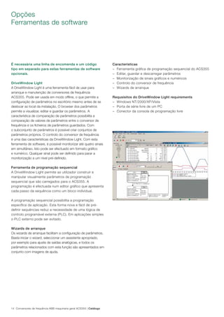 14 Conversores de frequência ABB maquinaria geral ACS355 | Catálogo
Opções
Ferramentas de software
É necessária uma linha de encomenda e um código
tipo em separado para estas ferramentas de software
opcionais.
DriveWindow Light
A DriveWindow Light é uma ferramenta fácil de usar para
arranque e manutenção de conversores de frequência
ACS355. Pode ser usada em modo ofﬂine, o que permite a
conﬁguração de parâmetros no escritório mesmo antes de se
deslocar ao local da instalação. O browser dos parâmetros
permite a visualizar, editar e guardar os parâmetros. A
característica de comparação de parâmetros possibilita a
comparação de valores de parâmetros entre o conversor de
frequência e os ﬁcheiros de parâmetros guardados. Com
o subconjunto de parâmetros é possível criar conjuntos de
parâmetros próprios. O controlo do conversor de frequência
é uma das características da DriveWindow Light. Com esta
ferramenta de software, é possível monitorizar até quatro sinais
em simultâneo. Isto pode ser efectuado em formato gráﬁco
e numérico. Qualquer sinal pode ser deﬁnido para parar a
monitorização a um nível pré-deﬁnido.
Ferramenta de programação sequencial
A DriveWindow Light permite ao utilizador construir e
manipular visualmente parâmetros de programação
sequencial que são carregados para o ACS355. A
programação é efectuada num editor gráfico que apresenta
cada passo da sequência como um bloco individual.
A programação sequencial possibilita a programação
específica da aplicação. Esta forma nova e fácil de pré-
definir sequências reduz a necessidade de uma lógica de
controlo programável externa (PLC). Em aplicações simples
o PLC externo pode ser evitado.
Wizards de arranque
Os wizards de arranque facilitam a conﬁguração de parâmetros.
Basta iniciar o wizard, seleccionar um assistente apropriado,
por exemplo para ajuste de saídas analógicas, e todos os
parâmetros relacionados com esta função são apresentados em
conjunto com imagens de ajuda.
Características
− Ferramenta gráfica de programação sequencial do ACS355
− Editar, guardar e descarregar parâmetros
− Monitorização de sinais gráficos e numéricos
− Controlo do conversor de frequência
− Wizards de arranque
Requsisitos do DriveWindow Light requirements
− Windows NT/2000/XP/Vista
− Porta de série livre de um PC
− Conector da consola de programação livre
 