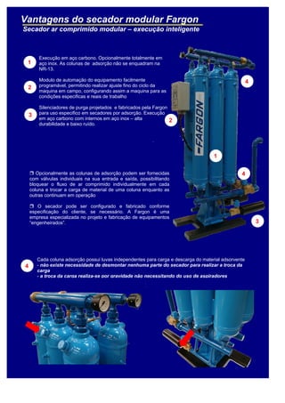 Vantagens do secador modular Fargon
Secador ar comprimido modular – execução inteligente
Execução em aço carbono. Opcionalmente totalmente em
aço inox. As colunas de adsorção não se enquadram na
NR-13.
Modulo de automação do equipamento facilmente
programável, permitindo realizar ajuste fino do ciclo da
maquina em campo, configurando assim a maquina para as
condições especificas e reais de trabalho
Silenciadores de purga projetados e fabricados pela Fargon
para uso especifico em secadores por adsorção. Execução
em aço carbono com internos em aço inox – alta
durabilidade e baixo ruído.
 Opcionalmente as colunas de adsorção podem ser fornecidas
com válvulas individuais na sua entrada e saída, possibilitando
bloquear o fluxo de ar comprimido individualmente em cada
coluna e trocar a carga de material de uma coluna enquanto as
outras continuam em operação
 O secador pode ser configurado e fabricado conforme
especificação do cliente, se necessário. A Fargon é uma
empresa especializada no projeto e fabricação de equipamentos
“engenheirados”.
1
2
2
3
4
Cada coluna adsorção possui luvas independentes para carga e descarga do material adsorvente
- não existe necessidade de desmontar nenhuma parte do secador para realizar a troca da
carga
- a troca da carga realiza-se por gravidade não necessitando do uso de aspiradores
1
3
4
4
 