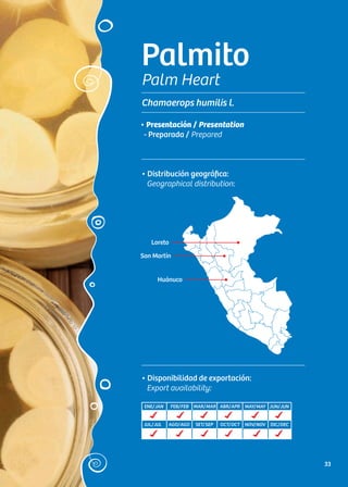 Palmito
Palm Heart
Chamaerops humilis l.
• Distribución geográfica:
Geographical distribution:
• Presentación / Presentation
- Preparada / Prepared
• Disponibilidad de exportación:
Export availability:
ENE/JAN FEB/FEB MAR/MAR ABR/APR MAY/MAY JUN/JUN
JUL/JUL AGO/AGO SET/SEP OCT/OCT NOV/NOV DIC/DEC
Loreto
San Martín
Huánuco
33
 