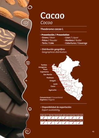 Cacao
Cocoa
Theobroma cacao l.
• Distribución geográfica:
Geographical distribution:
• Disponibilidad de exportación:
Export availability:
ENE/JAN FEB/FEB MAR/MAR ABR/APR MAY/MAY JUN/JUN
JUL/JUL AGO/AGO SET/SEP OCT/OCT NOV/NOV DIC/DEC
• Presentación / Presentation
- Grano / Bean
- Polvo / Powder
- Torta / Cake
- Licor / Liquor
- Manteca / Butter
- Coberturas / Coverage
Amazonas
Tumbes
Cajamarca
Piura
San Martín
Huánuco
Ucayali
Junín
Cusco
Ayacucho
Convencional / Conventional
Orgánico / Organic
41
 