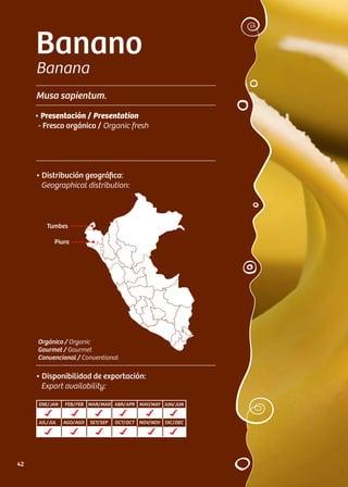 Banano
Banana
Musa sapientum.
• Distribución geográfica:
Geographical distribution:
• Presentación / Presentation
- Fresco orgánico / Organic fresh
• Disponibilidad de exportación:
Export availability:
Orgánico / Organic
Gourmet / Gourmet
Convencional / Conventional
ENE/JAN FEB/FEB MAR/MAR ABR/APR MAY/MAY JUN/JUN
JUL/JUL AGO/AGO SET/SEP OCT/OCT NOV/NOV DIC/DEC
Tumbes
Piura
42
 