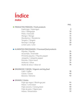 PRODUCTOS FRESCOS / Fresh products
	 Espárrago / Asparagus
	 Uva / Tablegrape
	 Palta / Avocado
	 Mango / Mango
	 Mandarina / Mandarine
	 Tangelo / Tangelo
	 Naranja / Orange
	 Limón sutil / Lime
ALIMENTOS PROCESADOS / Processed food products			
	 Páprika / Paprika
	 Alcachofa / Artichoke
	 Pimiento piquillo / Piquillo pepper
	 Jalapeño / Jalapeño pepper
	 Palmito / Palm heart
	 Aceituna / Olive
	 Aceite de oliva / Olive oil
ORGÁNICOS Y SECOS / Organic and dry food
	 Café / Coffee
	 Cacao / Cocoa
	 Banano / Banana
GRANOS / Grains
	 Frijol ojo negro / Black eye pea
	 Pallar / Lima bean
	 Frijol canario / Canary bean
	 Frijol de palo / Pigeon pea
	 Habas / Broad bean
PAG.
8
10
12
14
16
18
20
22
24
26
28
30
32
34
36
38
40
42
44
46
48
50
52
Índice
Index
7
 