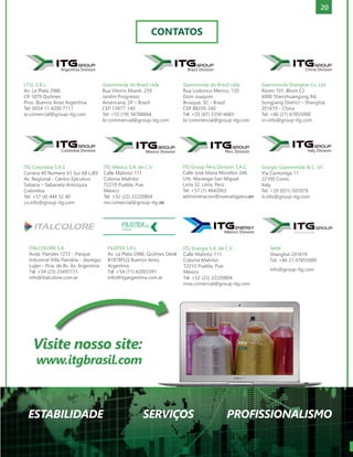 20
CONTATOS
Sede
Shanghai 201619
Tel: +86 21 67855000
info@group-itg.com
I.T.G. S.R.L.
Av. La Plata 2986
CP 1879 Quilmes
Prov. Buenos Aires Argentina
Tel: 0054 11 4200 7111
ar.comercial@group-itg.com
ITG Colombia S.A.S
Carrera 49 Numero 61 Sur 68 L-10
2
Av. Regional - Centro Ejecutivo
Sabana – Sabaneta Antioquia
Colombia
Tel: +57 (4) 444 52 40
co.info@group-itg.com
ITG Group Perú Division S.A.C.
Calle José María Morellos 246
Urb. Maranga-San Miguel
Lima 32, Lima, Perú
Tel: +51 (1) 4642063
administracion@nuevaitgperu.co
m
Giamminola do Brasil Ltda.
Rua Vitorio Mianti, 259
Jardim Progresso
Americana, SP – Brazil
CEP 13477-140
Tel: +55 (19) 34788844
br.commercial@group-itg.com
ITALCOLORE S.A.
Avda. Flandes 1272 - Parque
Industrial Villa Flandria - Jáuregui
Luján - Pcia. de Bs. As. Argentina
Tel: +54 (23) 23497171
info@italcolore.com.ar
Giamminola do Brasil Ltda.
Rua Lodovico Merico, 120
Dom Joaquim
Brusque, SC - Brazil
CEP 88359-240
Tel: +55 (47) 3350-6683
br.commercial@group-itg.com
Giorgio Giamminola & C. Srl
Via Cantoniga 11
22100 Como
Italy
Tel: +39 (031) 507979
it.info@group-itg.com
FILOTEX S.R.L.
Av. La Plata 2986, Quilmes Oest
e
B1878FLQ Buenos Aires,
Argentina
Tel: +54 (11) 42003391
info@itgargentina.com.ar
Giamminola Shanghai Co. Ltd.
Room 101, Block C2
6000 Shenzhuangong Rd.
Songjiang District – Shanghai
201619 - China
Tel: +86 (21) 67855000
cn.info@group-itg.com
ITG México S.A. de C.V.
Calle Malintzi 111
Colonia Malintzi
72210 Puebla, Pue.
México
Tel: +52 (22) 22220804
mx.comercial@group-itg.co
m
ITG Energía S.A. de C.V.
Calle Malintzi 111
Colonia Malintzi
72210 Puebla, Pue.
México
Tel: +52 (22) 22220804
mxe.comercial@group-itg.com
Visite nosso site:
www.itgbrasil.com
ESTABILIDADE SERVIÇOS PROFISSIONALISMO
 